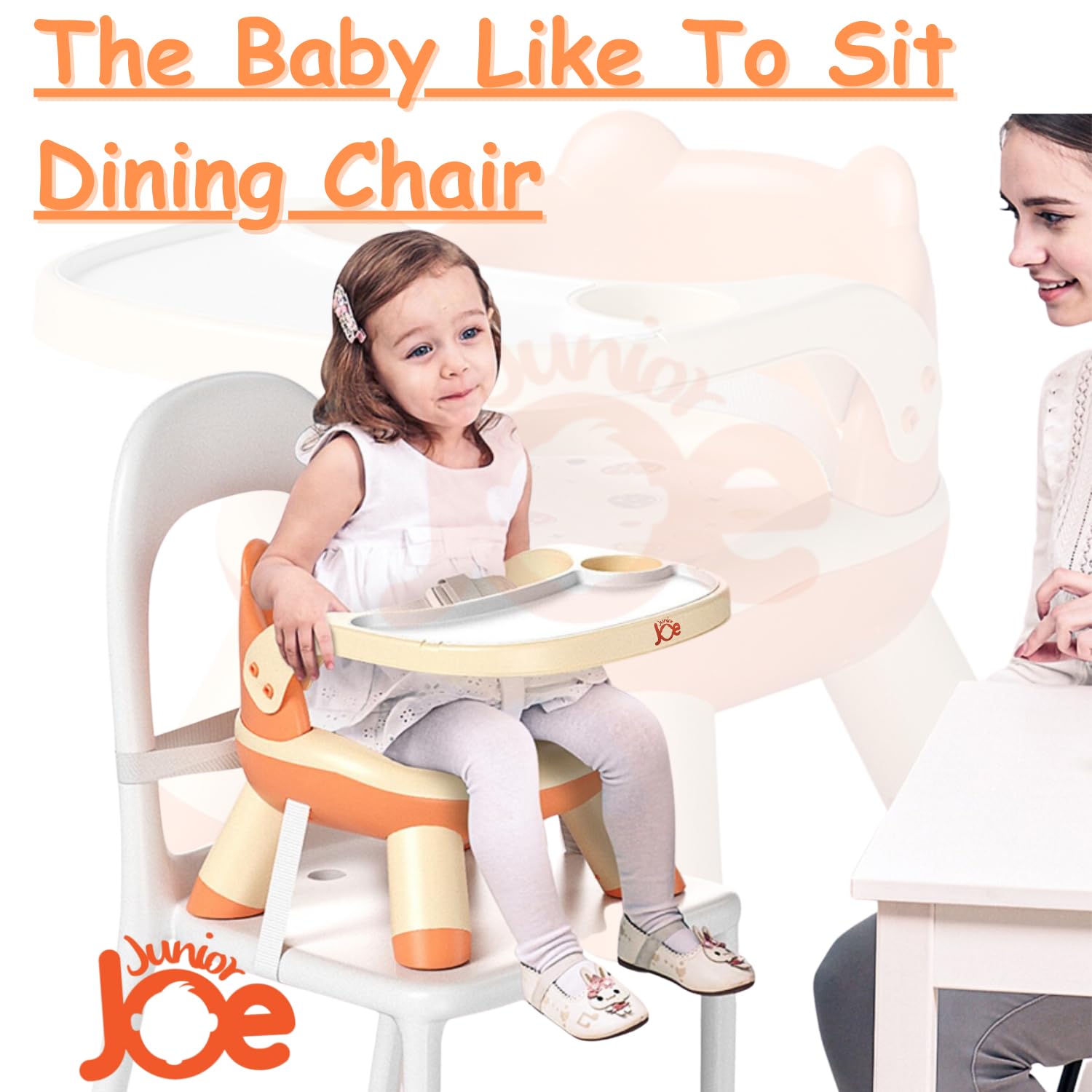 JUNIOR JOE 2 in 1 Feeding Chair & Booster Seat with Detachable Dining Food Tray and PU Cushion pad 4 Leg Dining Chair for Kids and Toddler (Orange-1-2 Year Old) 4