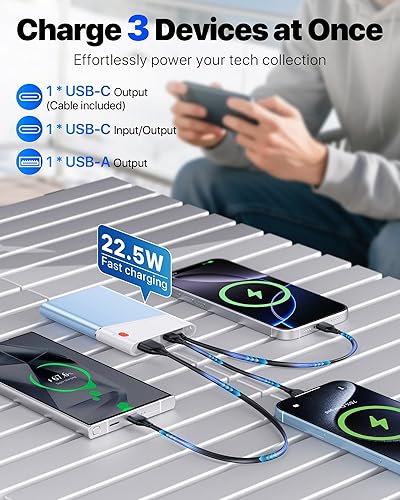 Miniatura 3 de Cargador portátil, cargador de batería de 10000 mAh, 22.5 W PD de carga súper rápida con cable USB C integrado de entrada y salida, paquete