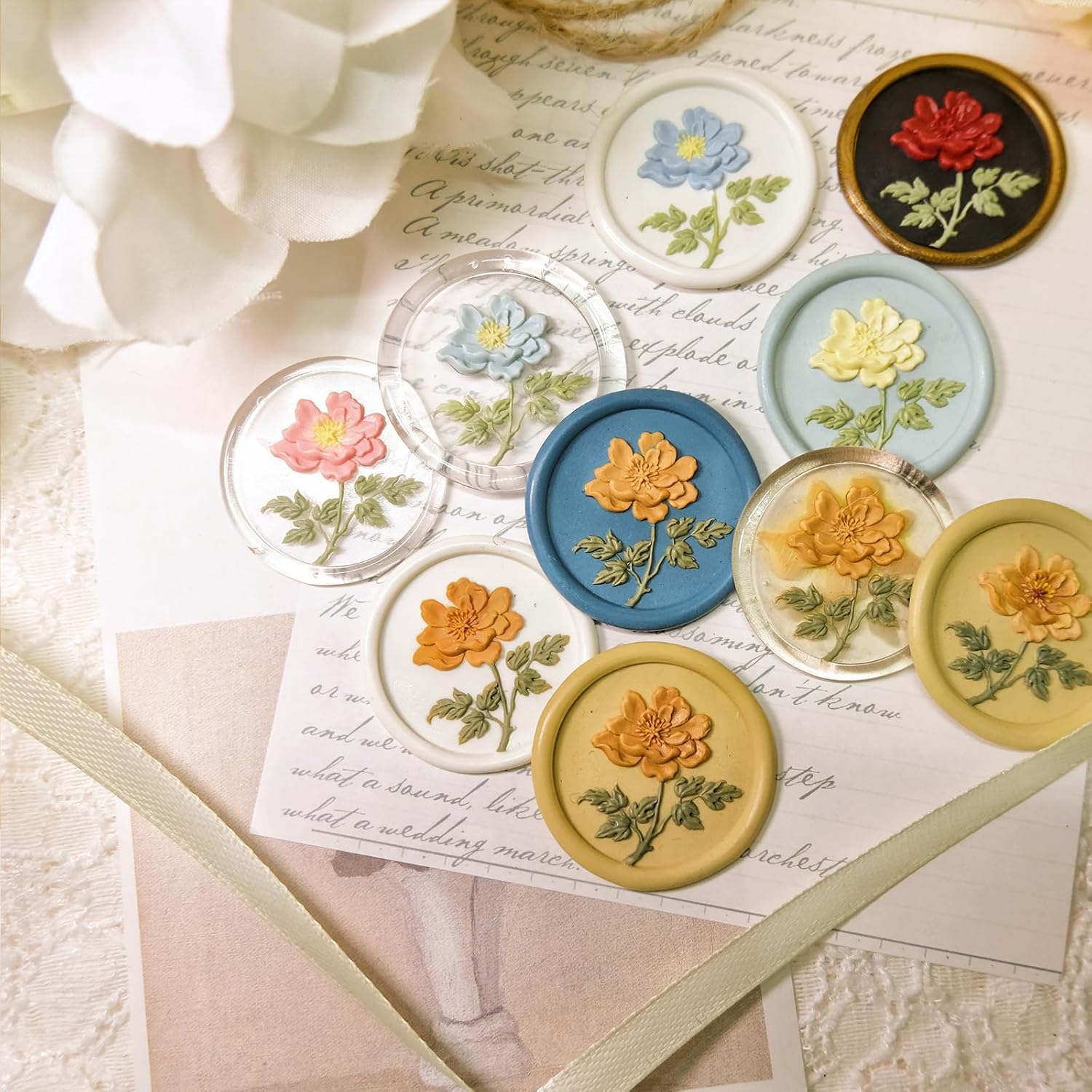 3D Embossed Flower Wax Seal Stamp Kit Brass Head with Wooden Handle for Wedding Invitation Sealing Gift Wrap Envelope