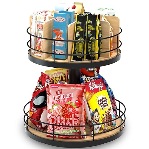 NANAGIFTREE Snack Organizer - Versatile Snack Storage 2 Tier Lazy Susan with Convenient Grab-and-Go Design, Wood and Metal Snack Holder for Home, Office, Breakroom, 12.13" L x 12.13" W x 12.56" H - 2 Tier Beech Wood