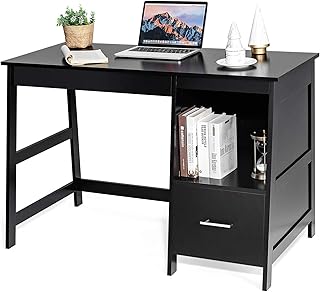 COSTWAY Computer Desk, Wooden PC Laptop Table Writing Workstation with Drawers and Shelf, Home Office Bedroom Work Study Desk (Black)