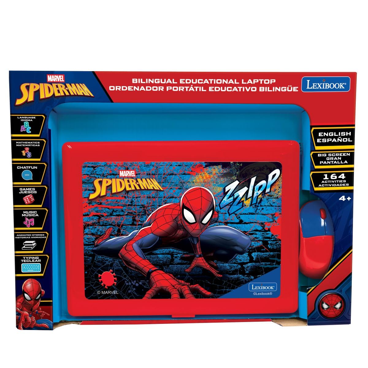 LEXIBOOK, Marvel Spiderman, Laptop Educativo Bilingüe Inglés y Español, 164 Actividades, Matemáticas, Juegos de Lógica, Modo Musical, Pantalla LCD, Diseño de Spiderman, Rojo/Azul, JC601SPi2