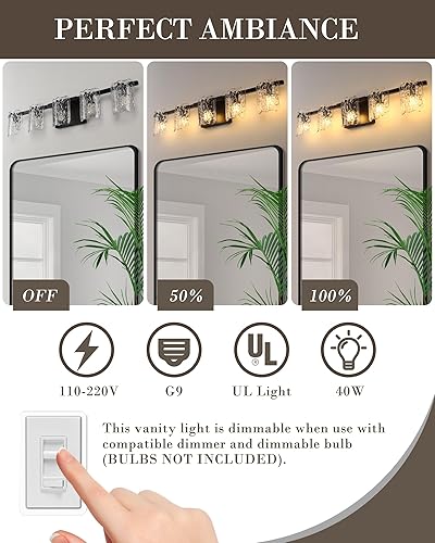 Miniatura 3 de OS-MM5002-5BK - Lámpara de tocador de baño de 5 luces, lámpara de baño negra mate de 31 pulgadas sobre espejo con vidrio transparente, iluminación