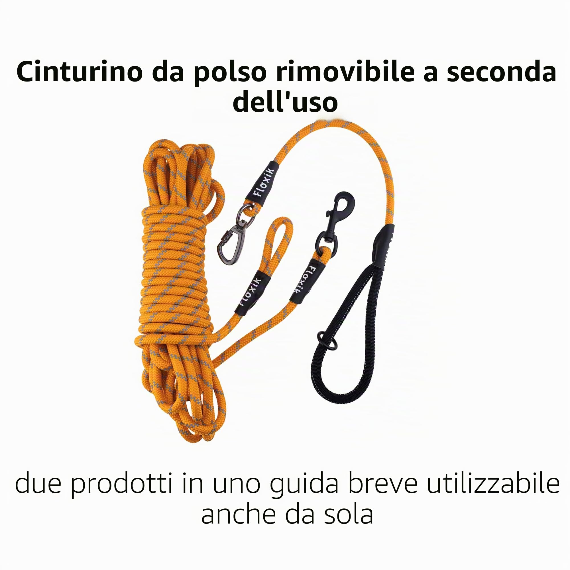 Floxik Lonza per cani | 5 m, 10 m, 15 m, 20 m arancione | guinzaglio a corda riflettente con maniglia rimovibile | ideale anche come guinzaglio da addestramento per cuccioli