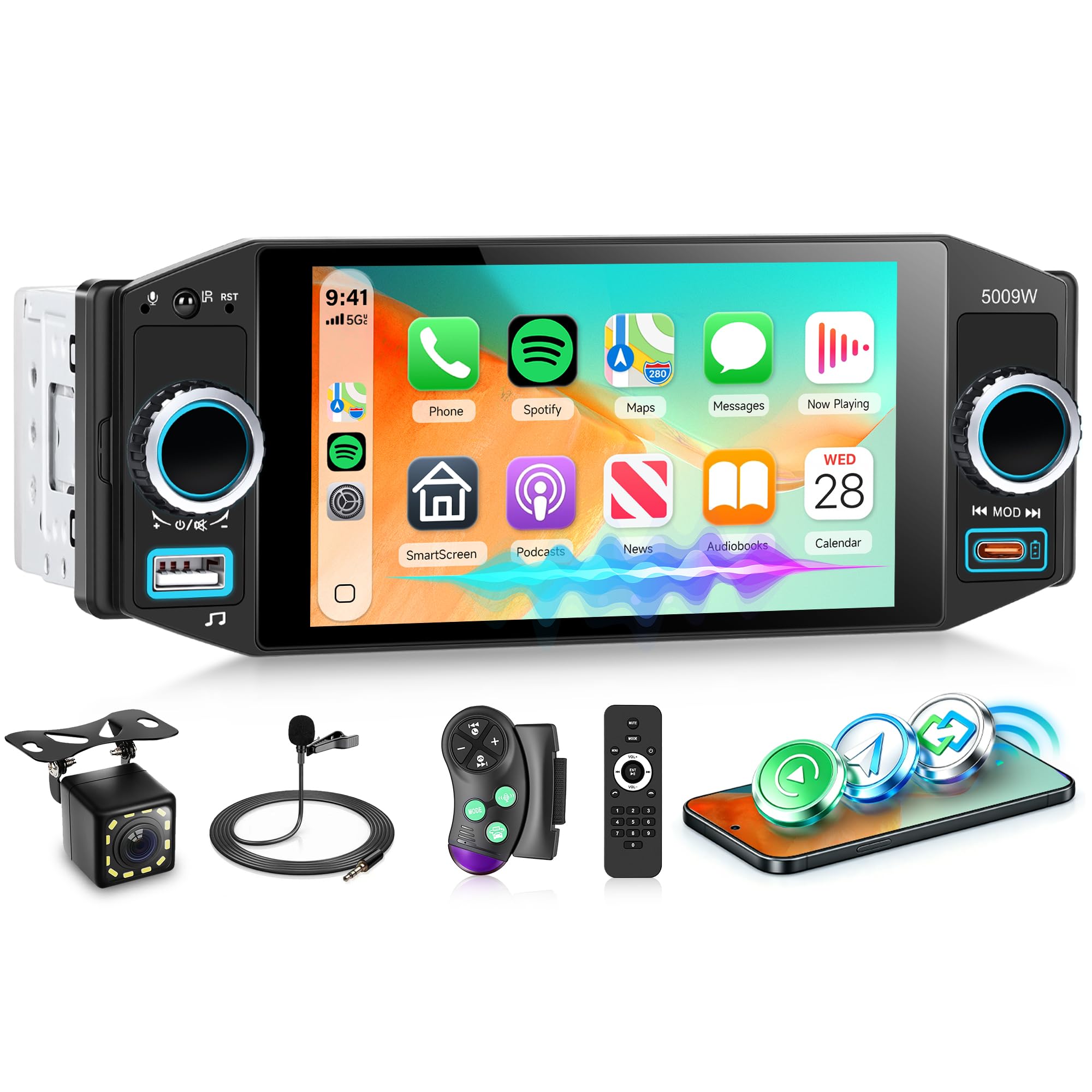 Rimoody Radio de Coche 1 DIN con Inalámbrico Carplay Android Auto Bluetooth 5.2 FM/Am/RDS, 5 Pulgadas Touchscreen Radio Coche iOS/Android Mirror Link EQ/USB/Tipo C Comandos al Volante Cámara Trasera