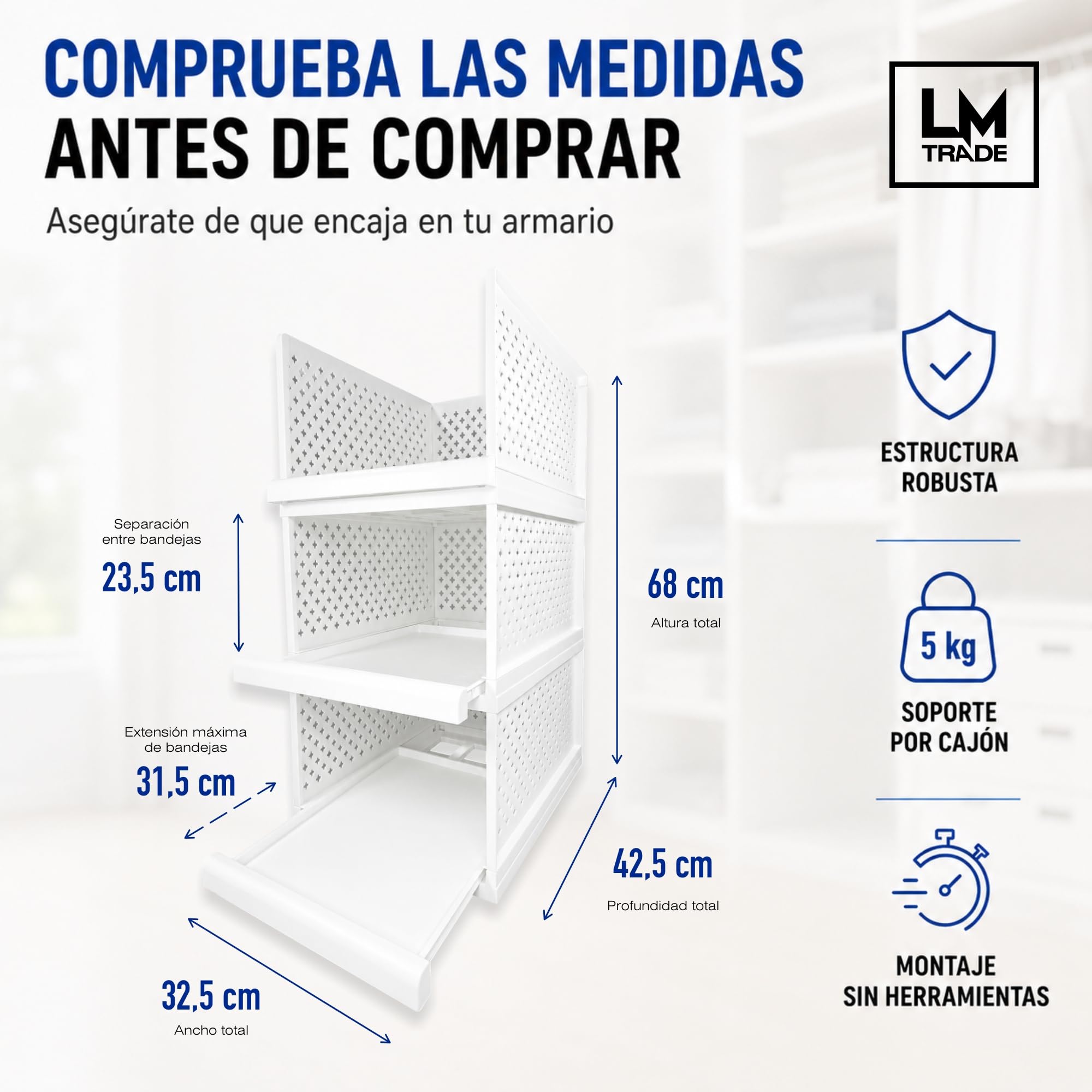 Organizador Armario - Bandejas Extraíbles - 3 Módulos Apilables | Acceso frontal - base antideslizante - tope de seguridad - optimiza espacio - organiza camisetas - pantalones y accesorios