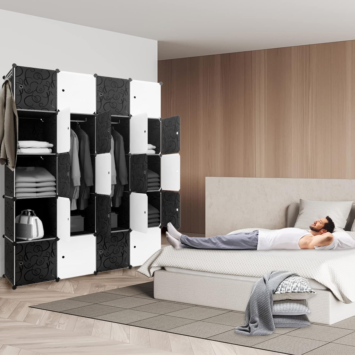 UISEBRT Kleiderschrank Regalsystem 20 Würfel DIY Garderobenschrank Kunststoff Schlafzimmerschrank Steckregal mit Tür und Schuhschrank für Kleidung Bücher Spielzeug - 140x37x178cm Schwarz und Weiß