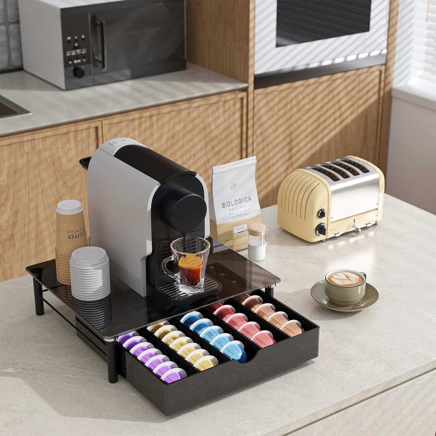 gianotter Crystal Tempered Glass Vertuo Pod Holder Drawer, Compatible with Nespresso Vertuo Capsules, Compatible with 40 Large or 60 Small Nespresso Capsule Organizer (Black)