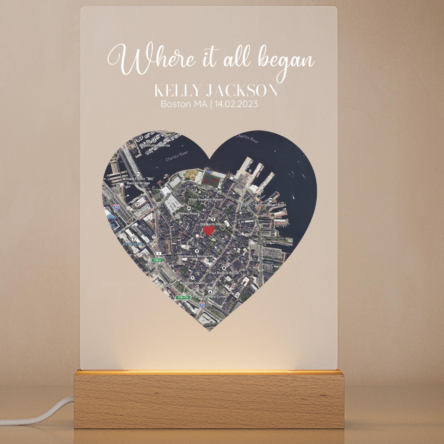 Where It All Began - Placa de mapa satelital personalizada | Regalo personalizado para parejas con nombres y coordenadas | Luz nocturna LED romántica para decoración del hogar | Recuerdo de amor único