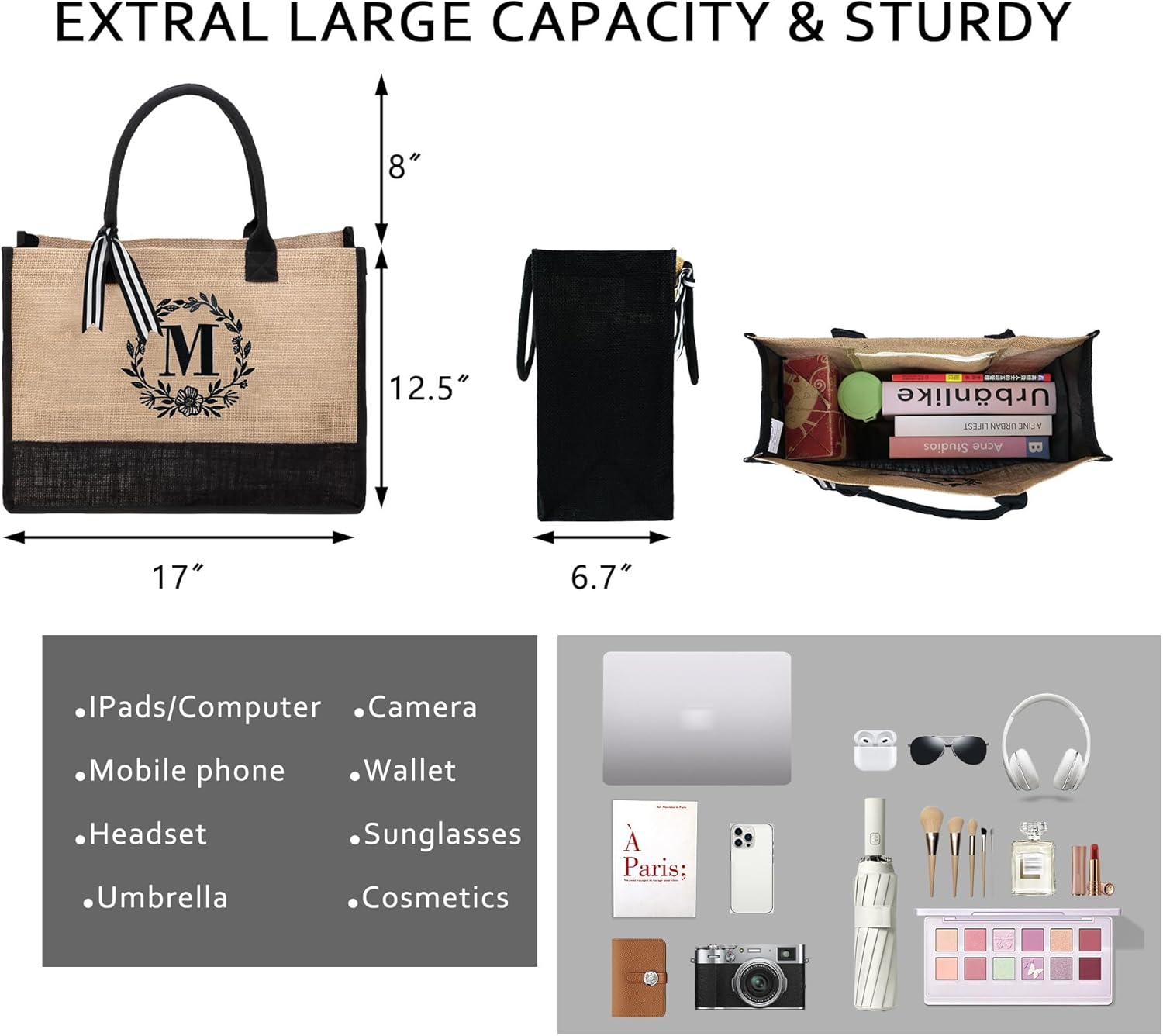 BeeGreen Embroidery Monogram Initial Tote Bag for Women Teacher Mom Friend Personalized Gift for Birthday Beach Wedding Work - Image 4