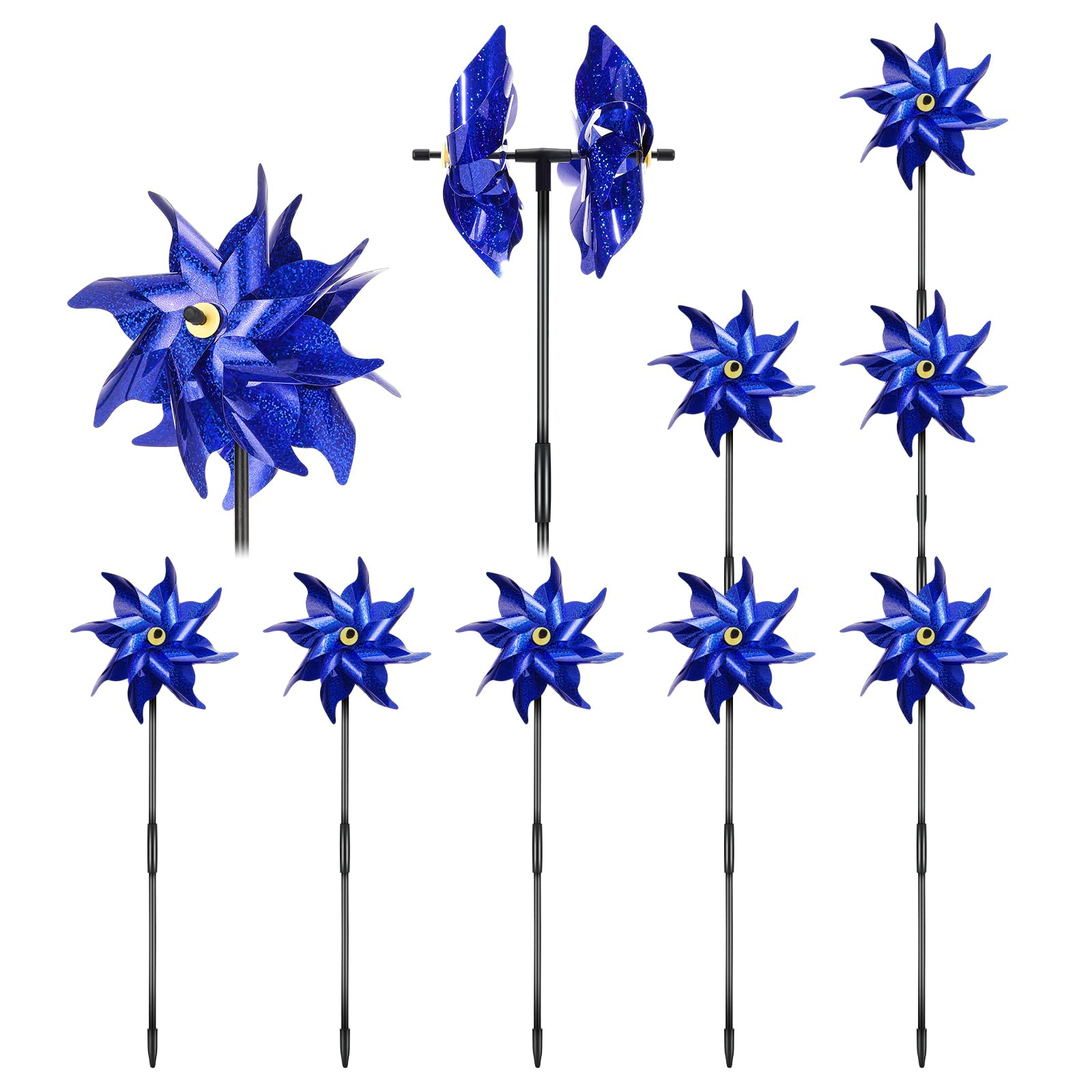 Motionchic 10 Pcs Reflective Dual Pinwheels with Stakes Double Sides Bird Deterrent Pinwheel Large Sparkly Wind Spinner Pin Wheels for Outdoor Yard Garden Patio Farm(Dark Blue)