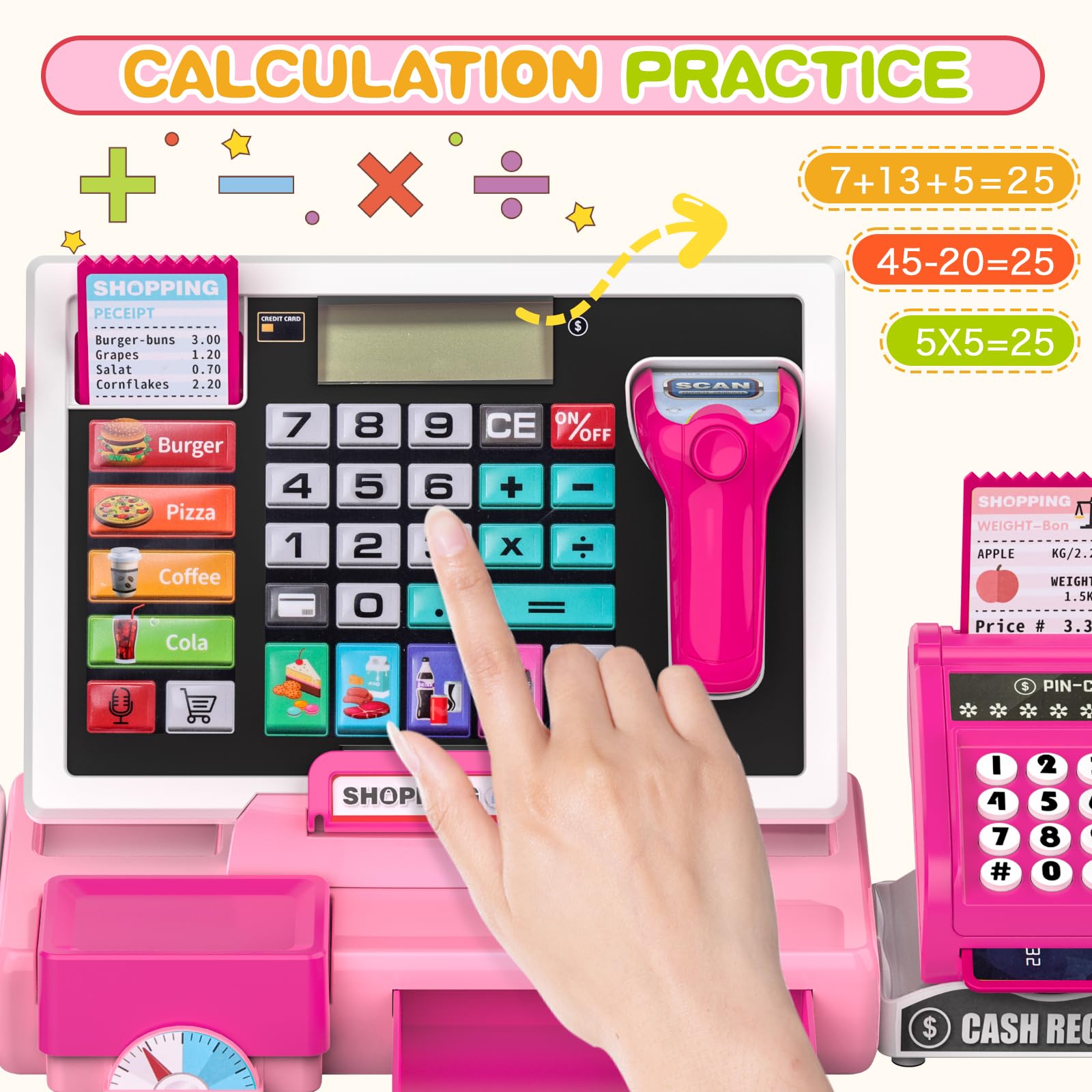 Registratore di cassa per bambini elettronica, cassa del supermercato con scanner e suono, giocattolo moneta per bambini con accessori, gioco educativo per bambini dai 3 anni (Rosso)