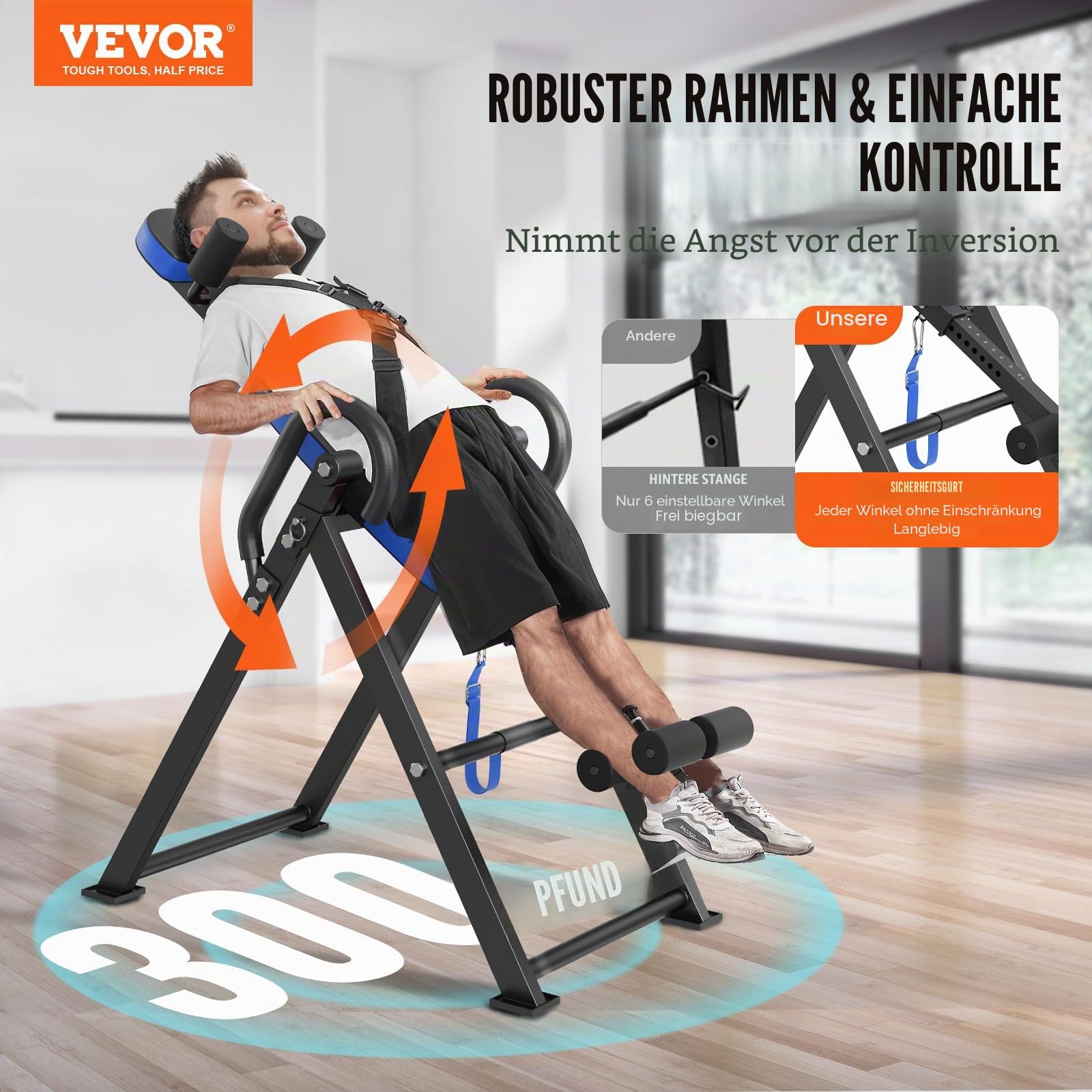 VEVOR Inversionstisch Inversionsbank, 136 kg belastbar, Multifunktionsgerät, Rückentrainer, klappbares Krafttrainingsgerät mit Kopfstütze, Knöchelverriegelung, verstellbarem Schutzgurt, Blau/Schwarz