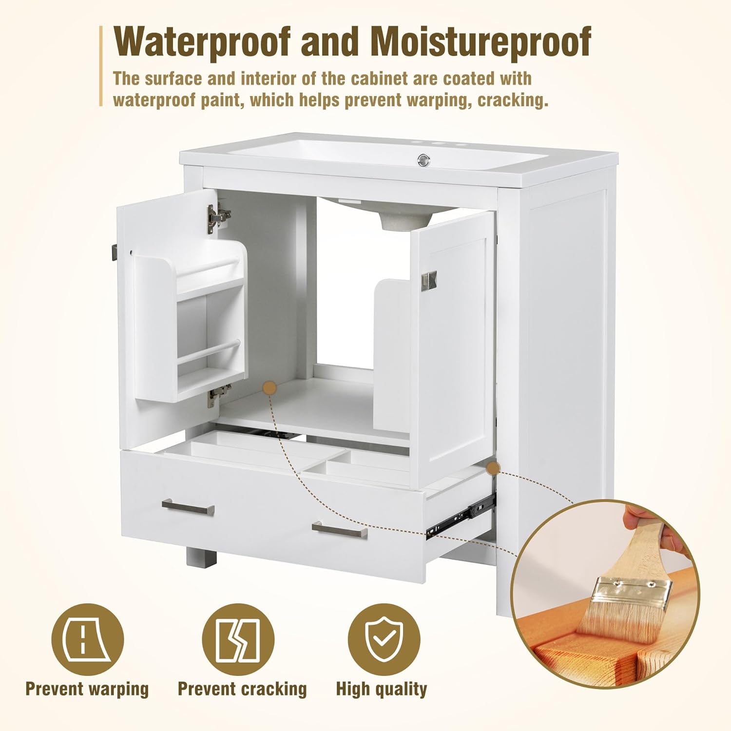Merax 30 in Bathroom Vanity with Sink,1 Large Drawers and 2 Storage Doors,Wood Single Sink Bathroom Vanity,Modern White Bathroom Vanities Floor Standing with Sink Combo Set