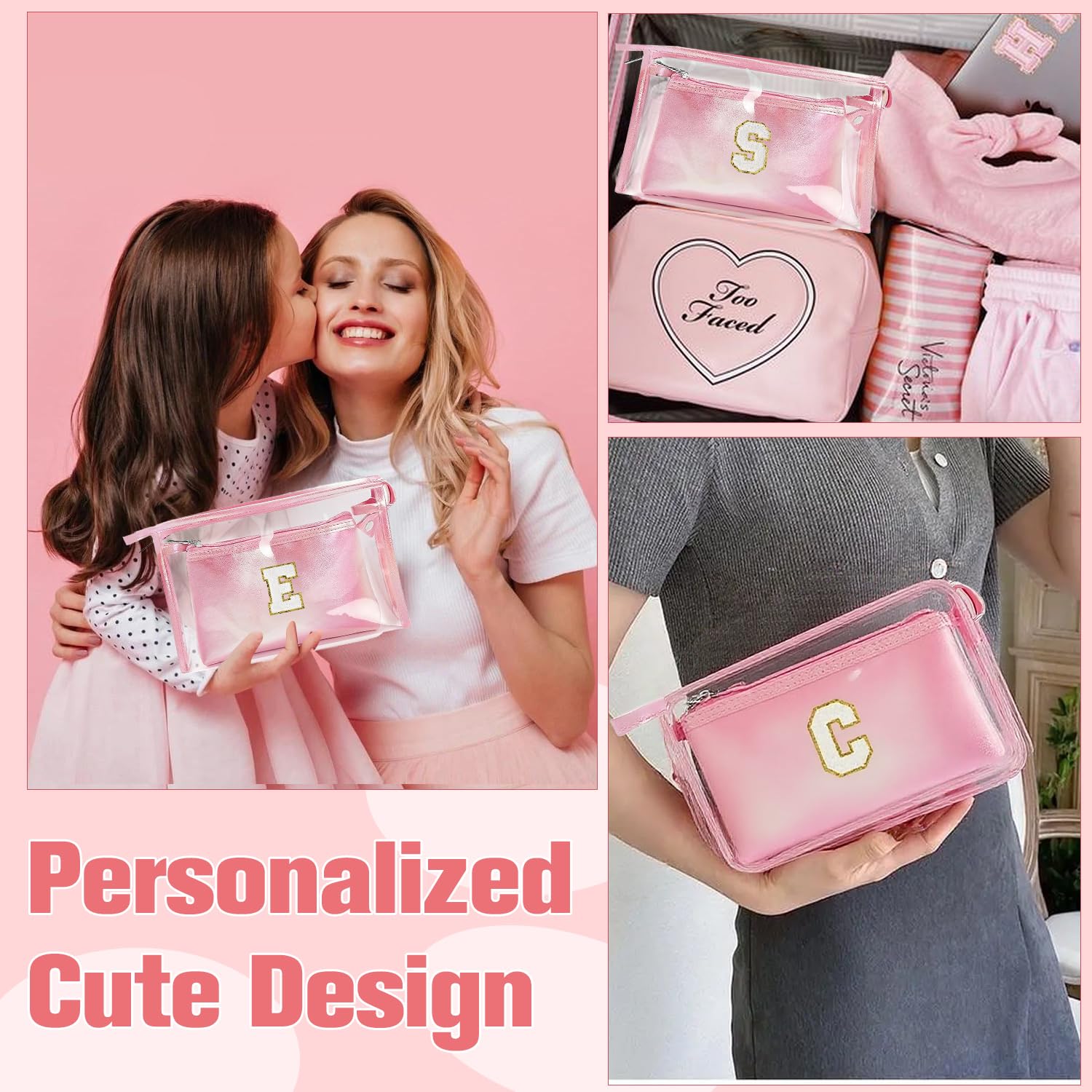 2 Pezzi Beauty Case da Viaggio Trasparente, Trousse Trucchi Donna, Borsa da Toilette in PU-PVC, Borse da Viaggio Impermeabile, Borsa Cosmetici Regalo Compleanno Natale Ideale per Donne Ragazze Rosa K