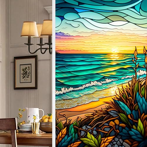 Miniatura 8 de Uneeruiqy Lámina retro para ventana, no adhesiva, colorida, puesta de sol, privacidad, decorativa, adherencia estática, 17.7 x 39.4 in, tamaño único