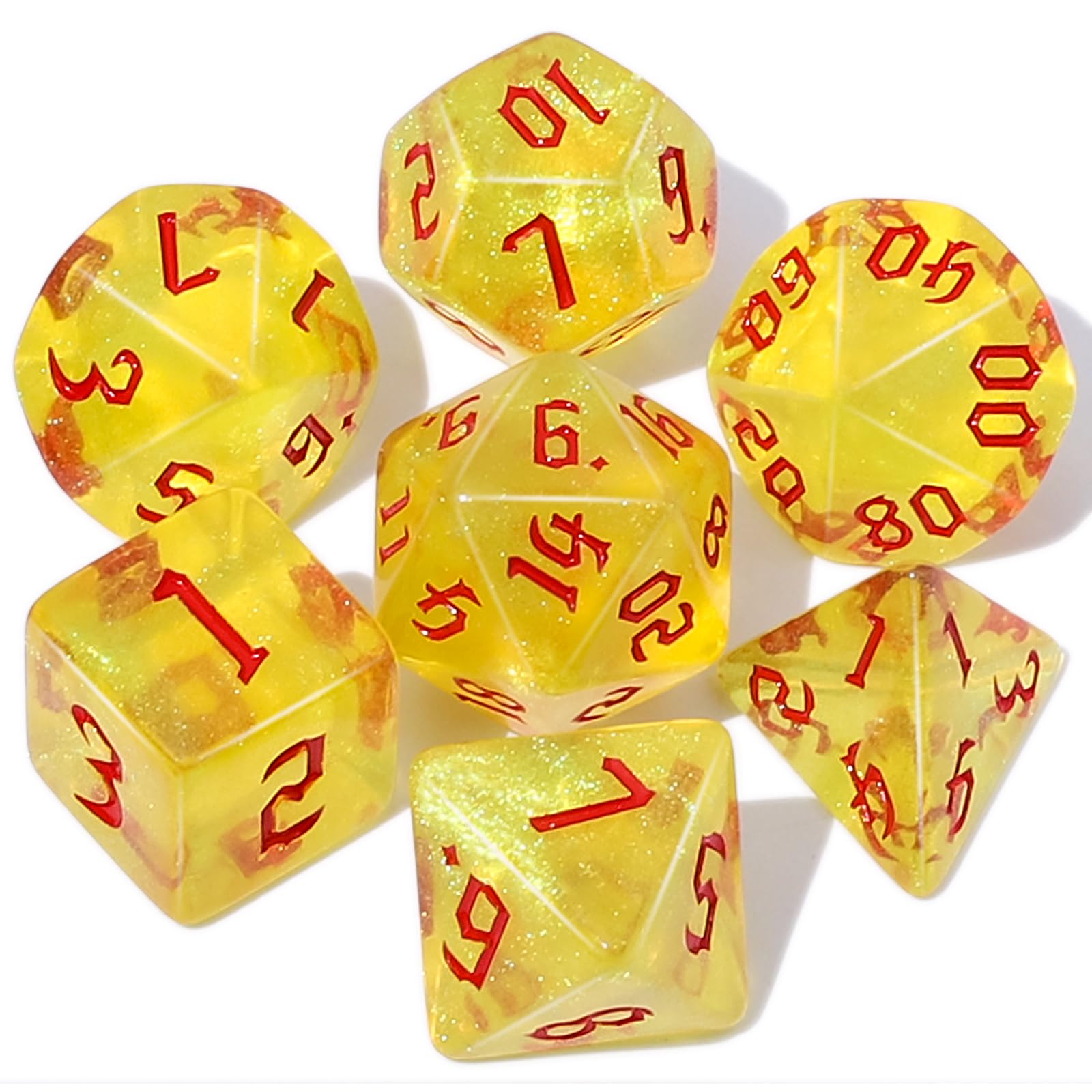 CiaraQ DND Polyhedral Dice Set with Dice Bag for Dungeons and Dragons RPG MTG Role Playing Table Games (Yellow + Glitter + Red Font)