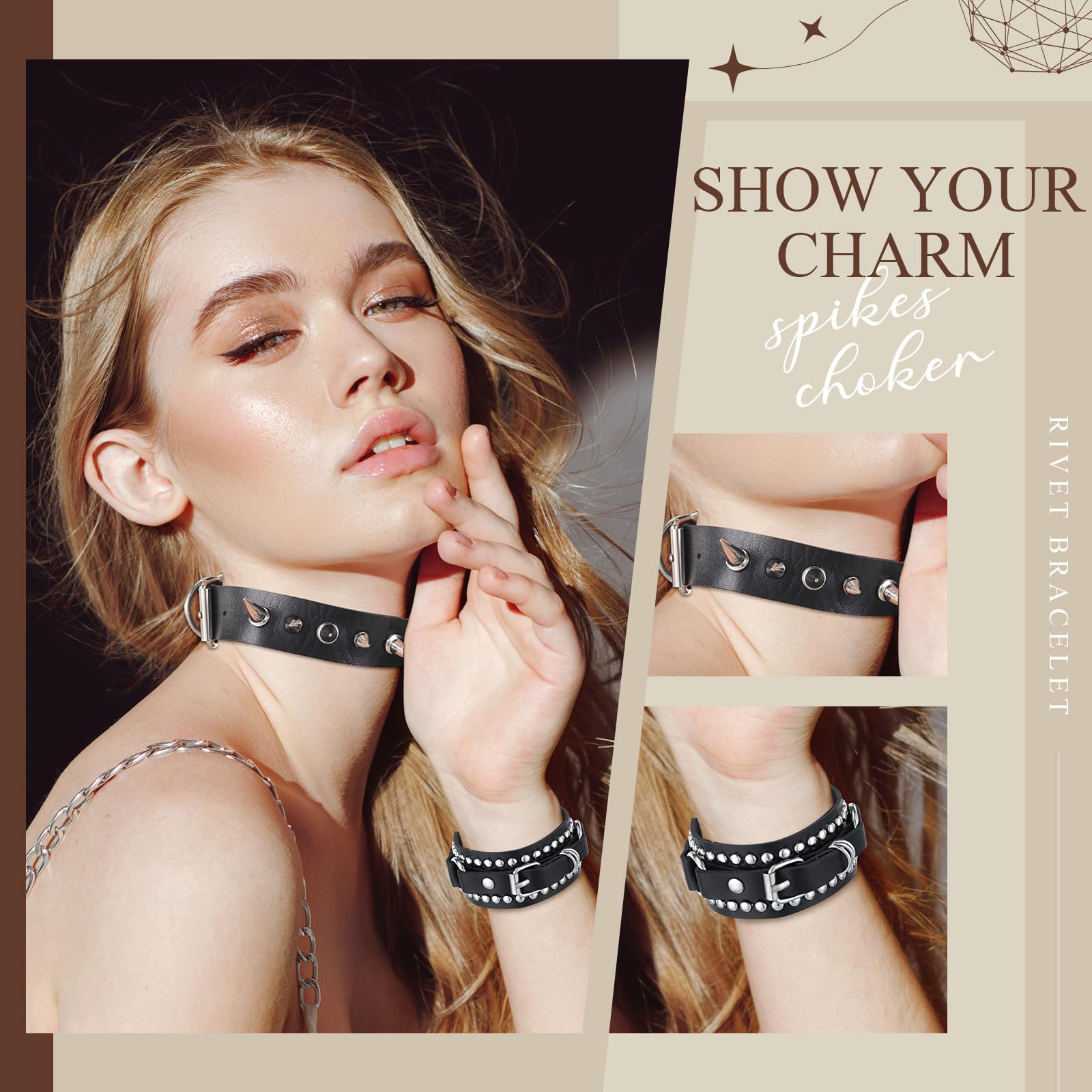 Cunno 13 Pcs Leather Spike Choker Studded Bracelet Cuffs Set Gothic Punk Rock Jewelry Set Costume Accessory