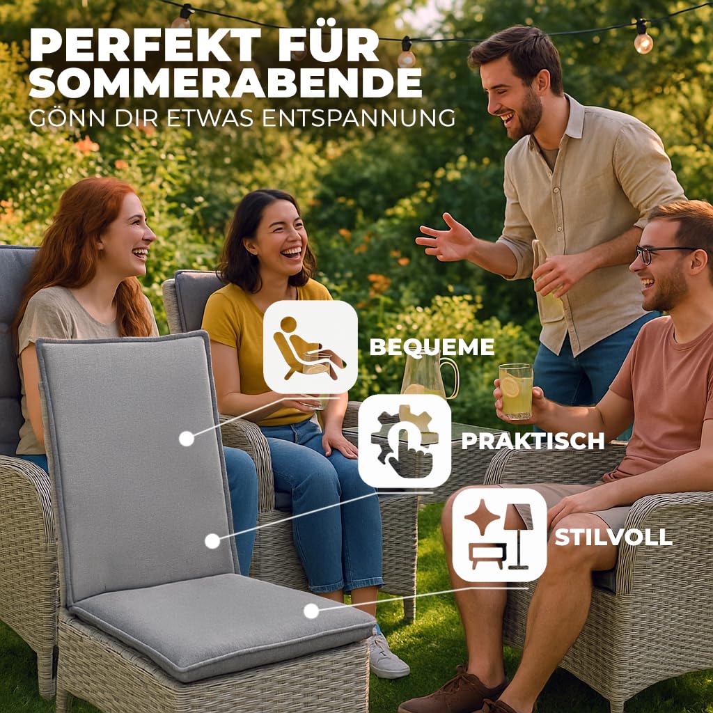 Hochlehner Auflagen 6er Set - 120x50cm – 8cm Dick - Premium-Material 200gsm, UV- & Wasserabweisend | Sitzauflagen - Sitzkissen Gartenstuhlauflagen - Gartenmöbel & Gartenstuhl | Graphit
