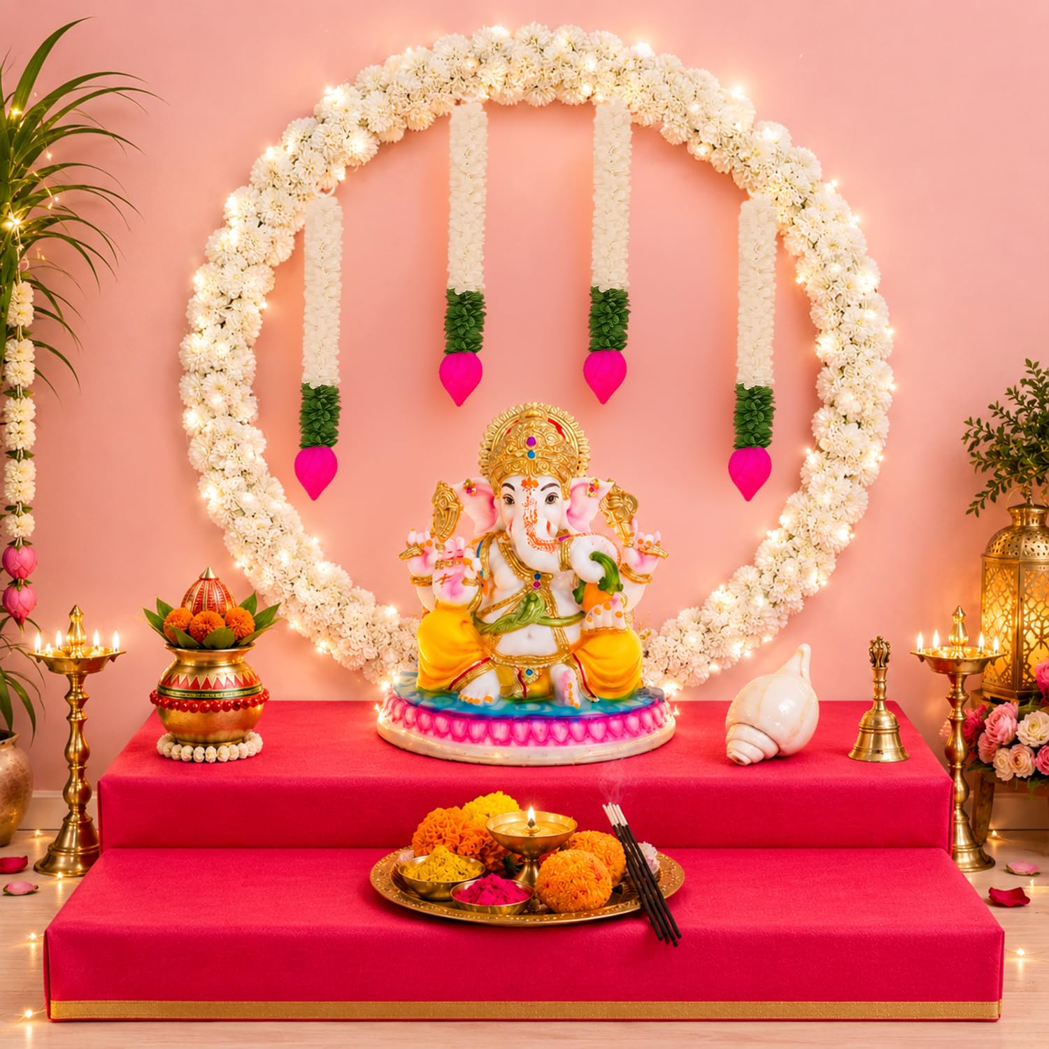 SpecialYou® Ganpati Decoration Setup for Home with Round Backdrop Stand for Decor with Lotus Hangings | Ganpati Decoration Stand for Home | Ganapati Decorations Item (White Marigold, 10)