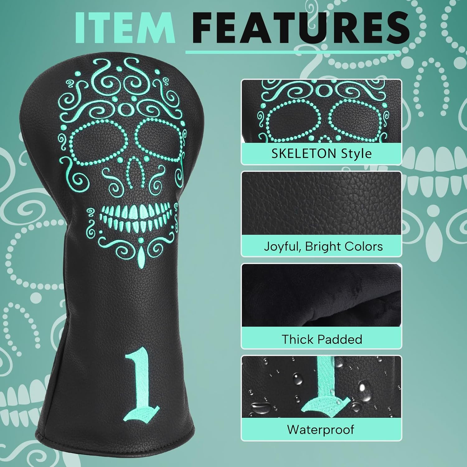 Skull Club Covers, Driver Headcover, 3 5 Fairway Wood Cover, Hybrid Headcovers, Golf Accessories Club Protection for Women Men Golfer