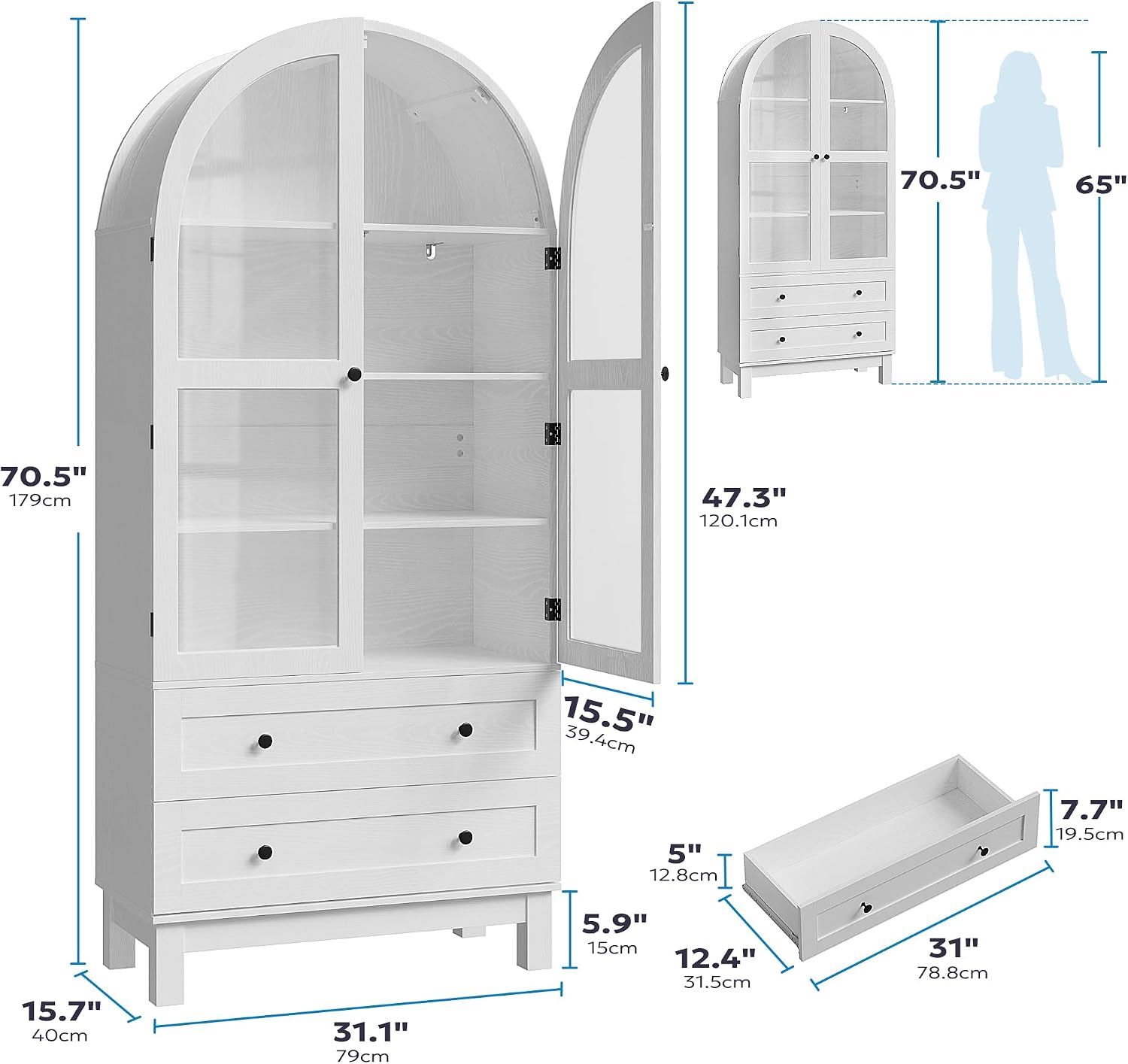 Furnify 71" Tall Arched Kitchen Pantry, Wood Pantry Cabinet with 2 Large Drawers and Glass Doors, Modern Farmhouse Versatile Cupboard for Kitchen, Dining Room, White