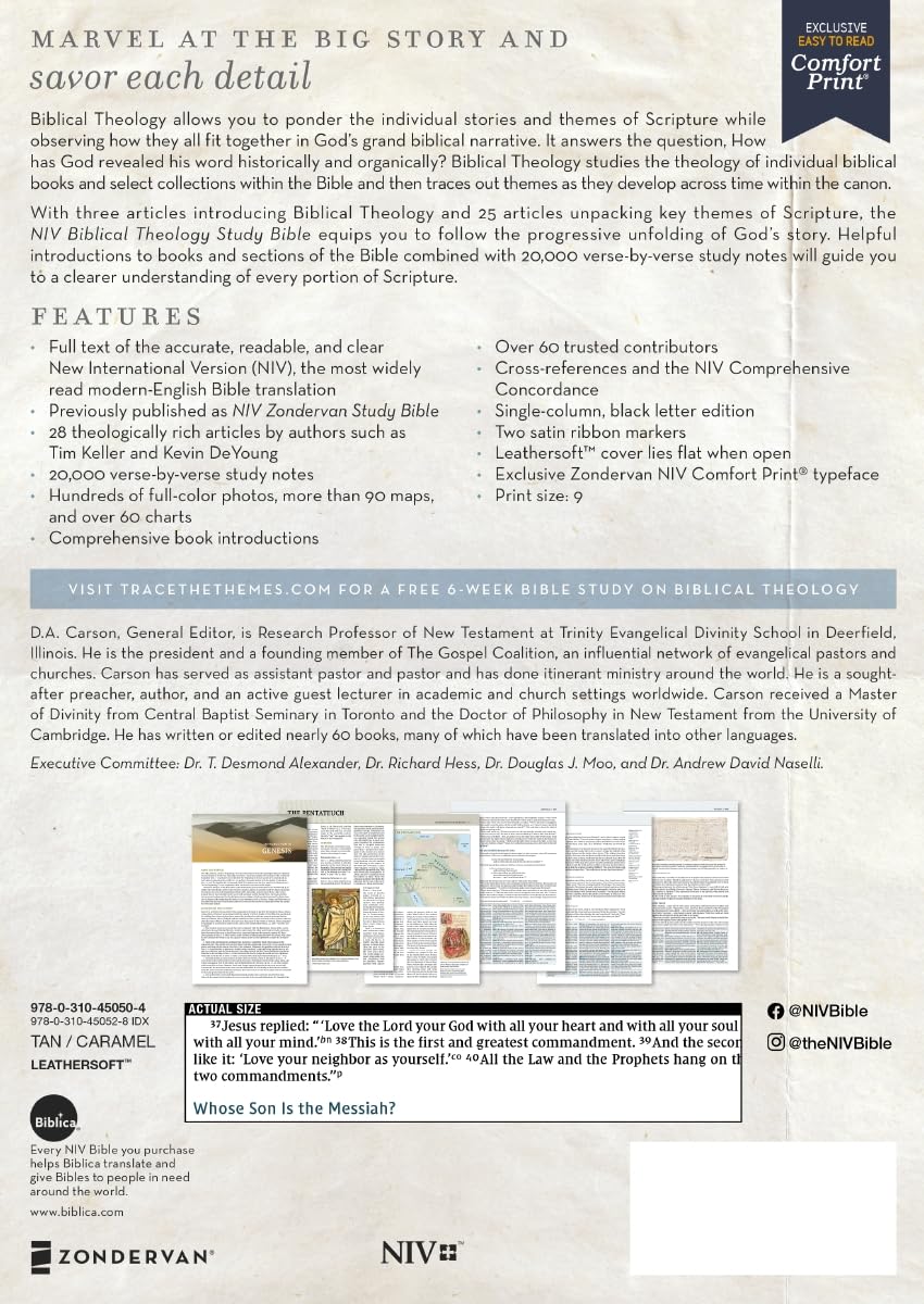 NIV, Biblical Theology Study Bible (Trace the Themes of Scripture), Leathersoft, Tan/Brown, Comfort Print: Follow God’s Redemptive Plan as It Unfolds throughout Scripture