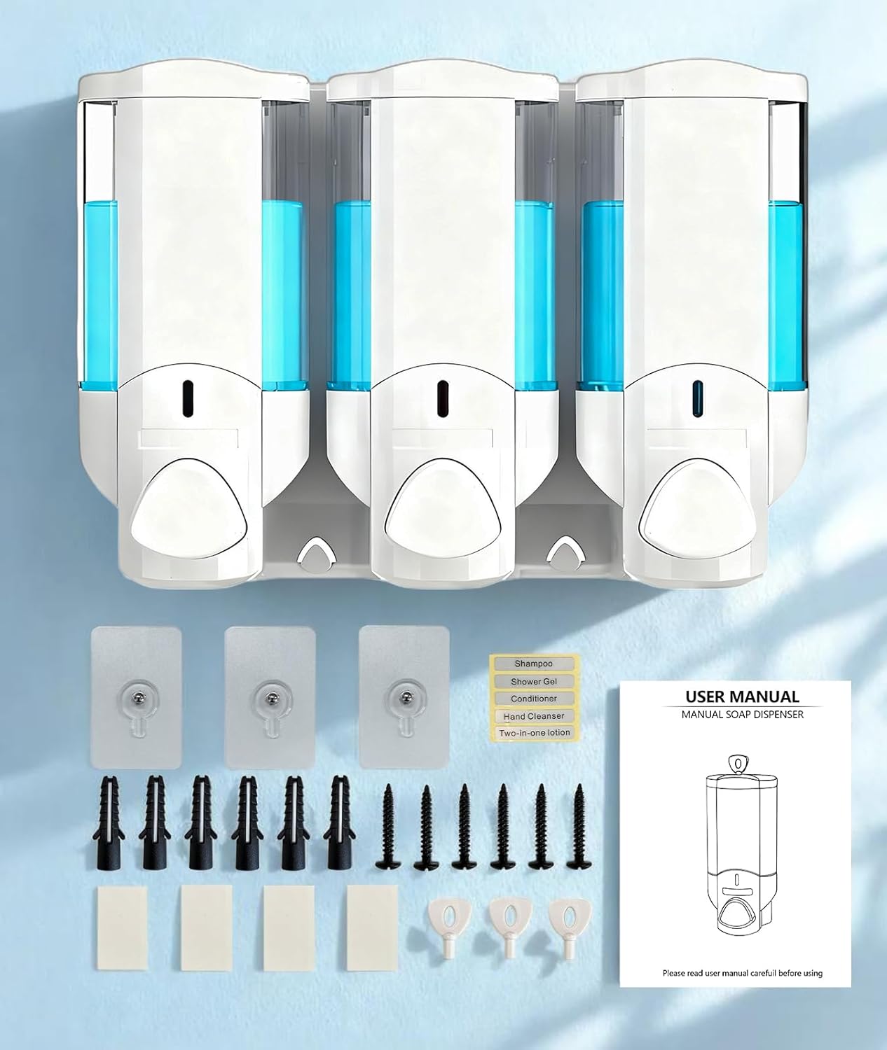No-Tool 3-Bathroom Soap Dispenser Set - Adhesive Wall Mount Soap & Shampoo Organizer with Leakproof Pumps - Space Saving Bathroom Storage (16oz) (White)