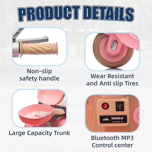 Miniatura 5 de Bluefun Motocicleta eléctrica para niños de 3 ruedas de 12 V con maletero de almacenamiento, juguete de 2 plazas con reproductor de música y luces