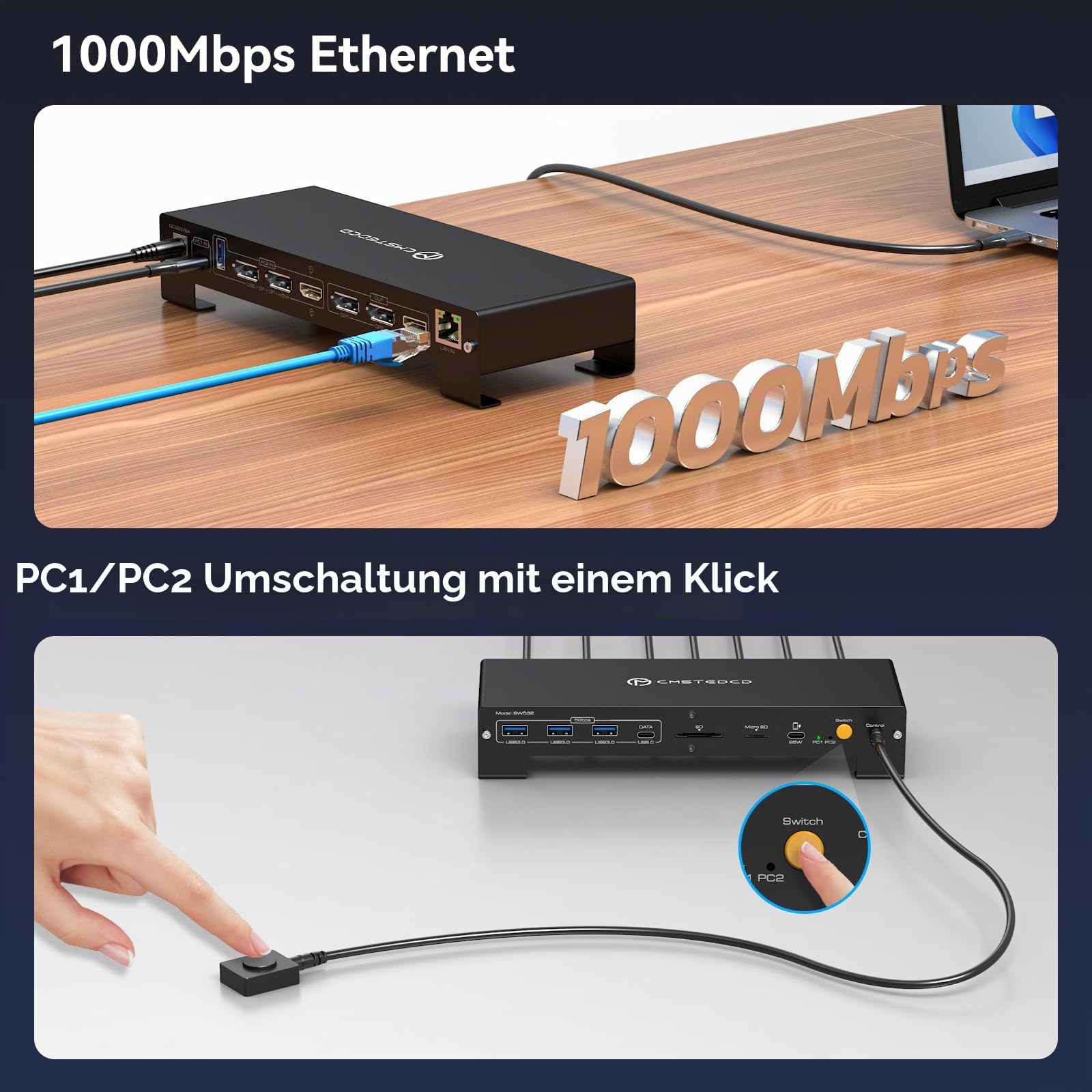 VPFET USB C KVM Docking Station für Laptop & Desktop 100W PD 4K60Hz HDMI Displayport KVM Switch 2 PC 3 Monitore 16-in-1, 1000Mbps Ethernet, 3xUSB 3.0, USB-C, 65W PD, SD Card Slot