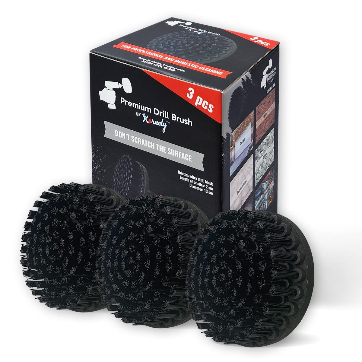Kornely Premium Drill Brush Professional - Ultra-Stiff 13 cm Black Set of 3, 5in - Image 4