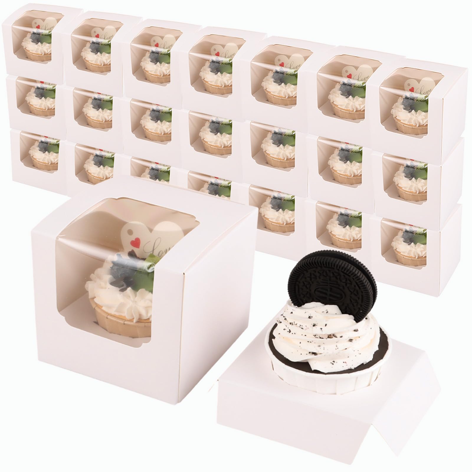 Acrux7 100 scatole singole per cupcake da 8,9 cm, in carta kraft bianca, con coperchio e inserti per muffin, bomba al cacao, festa della mamma, matrimoni, compleanni