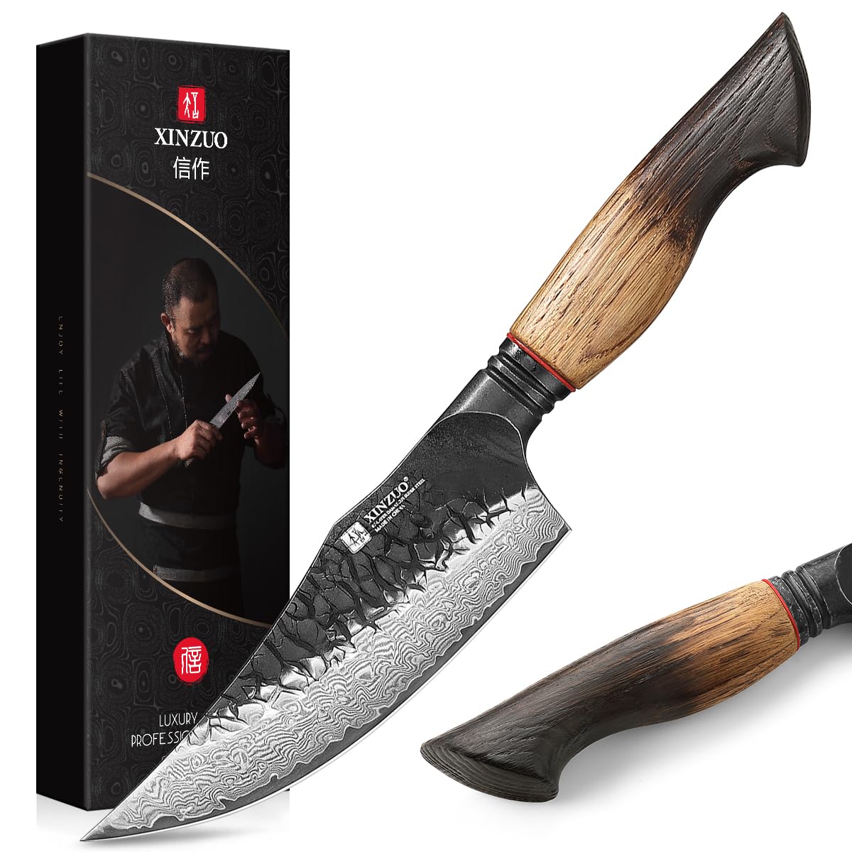 XINZUO 8.3 Inch Kiritsuke Chef Knife, Forged 67 Layers 10Cr15Comov High Carbon Damascus Steel Professional Kitchen Knife,Super Sharp，White Oak + Red G10 Gasket Handle — Amazon image 23