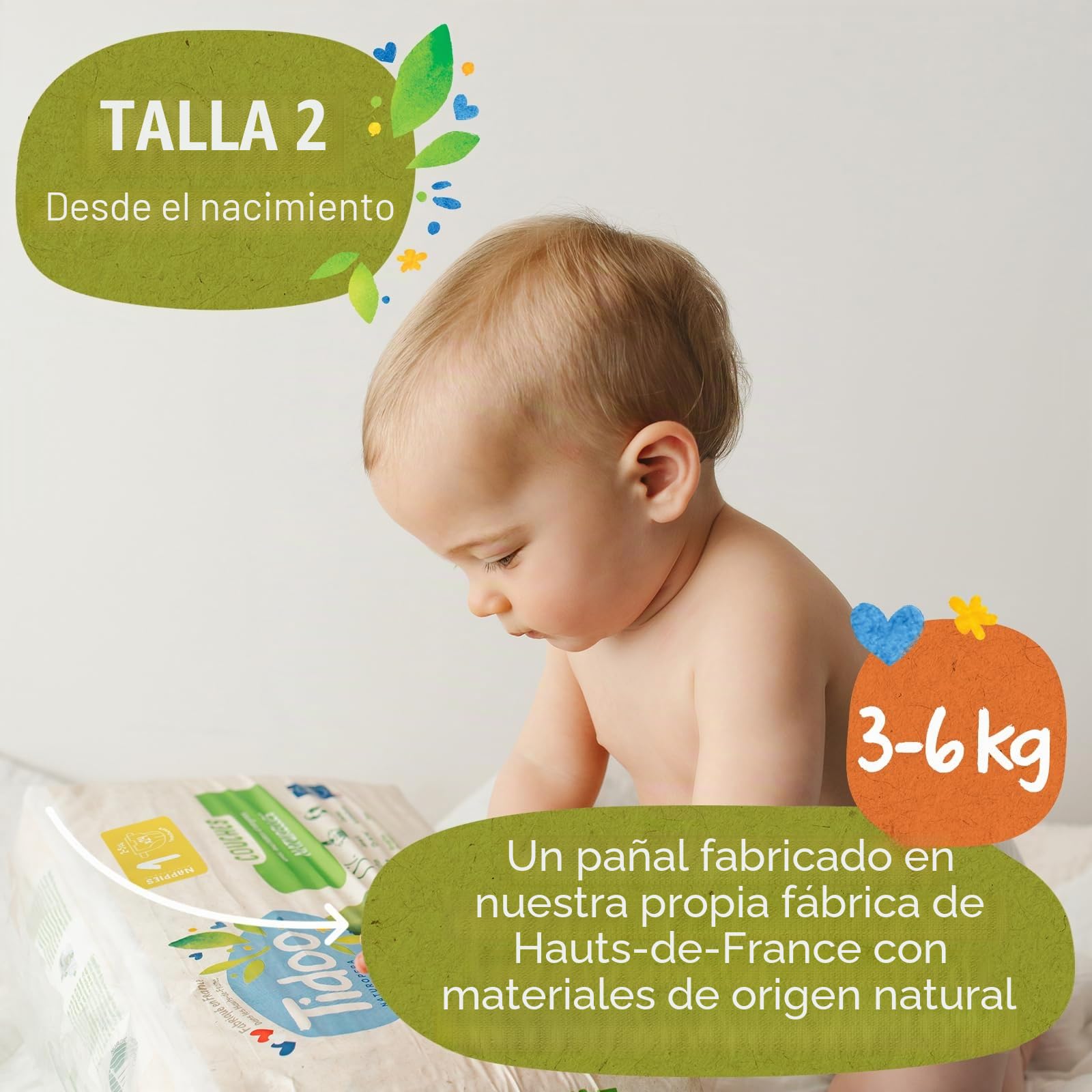 Tidoo – Pañales ecológicos talla 2 (3-6 kg) – Origen natural, libre de sustancias nocivas – 12 horas secas, ultra absorbentes – Fabricado en Francia – 150 capas desechables – Paquete de 1 mes