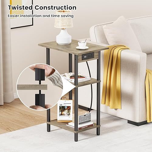 Miniatura 6 de Mesa auxiliar alta con estación de carga, mesita de noche delgada con puertos USB y tomas, mesa auxiliar estrecha de 3 niveles con almacenamiento