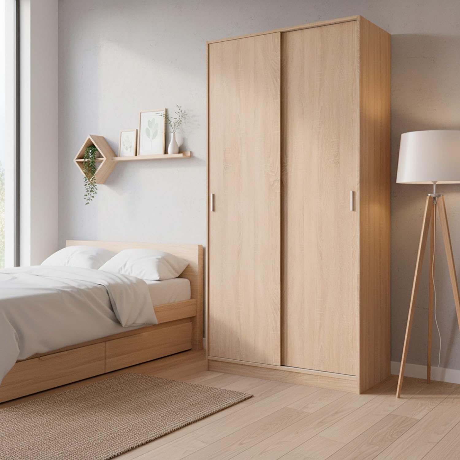 Bricozone Armadio 2 Ante Scorrevoli Con Appendiabiti E Ripiano Superiore Salvaspazio Design Moderno In Rovere Per Camera Da Letto E Cameretta Mobile Contenitore 200 x 100 x 50 Cm
