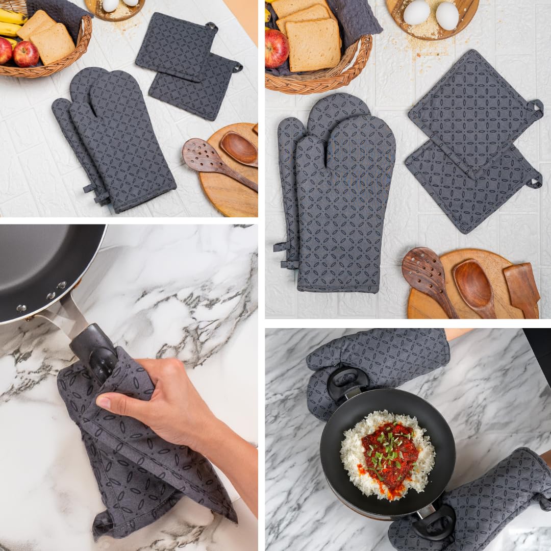 Beings Mother’s Touch Cotton Dish Towels Oven Mitts and Pot Holders Oven Gloves Heat Resistant Non-Slip Silicone Oven Mitts Quilted Pot Holders and Multi-Purpose Towels Combo Set of 6