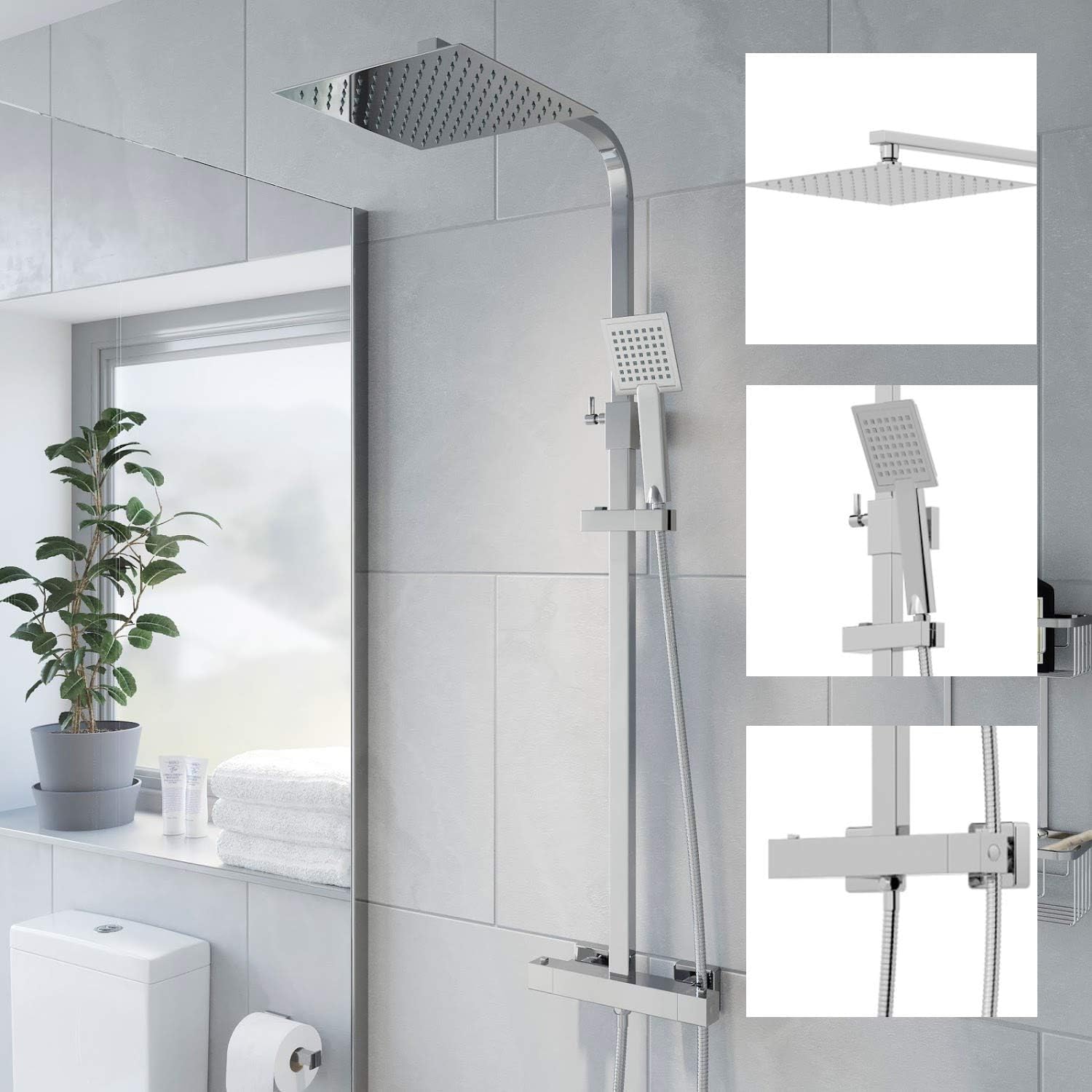 Baystone Chrome Baystone® Thermostatic Shower Mixer Set With Rainfall Head Adjustable Riser Rail Handset And Hose Showers Thermostat Square, Polished