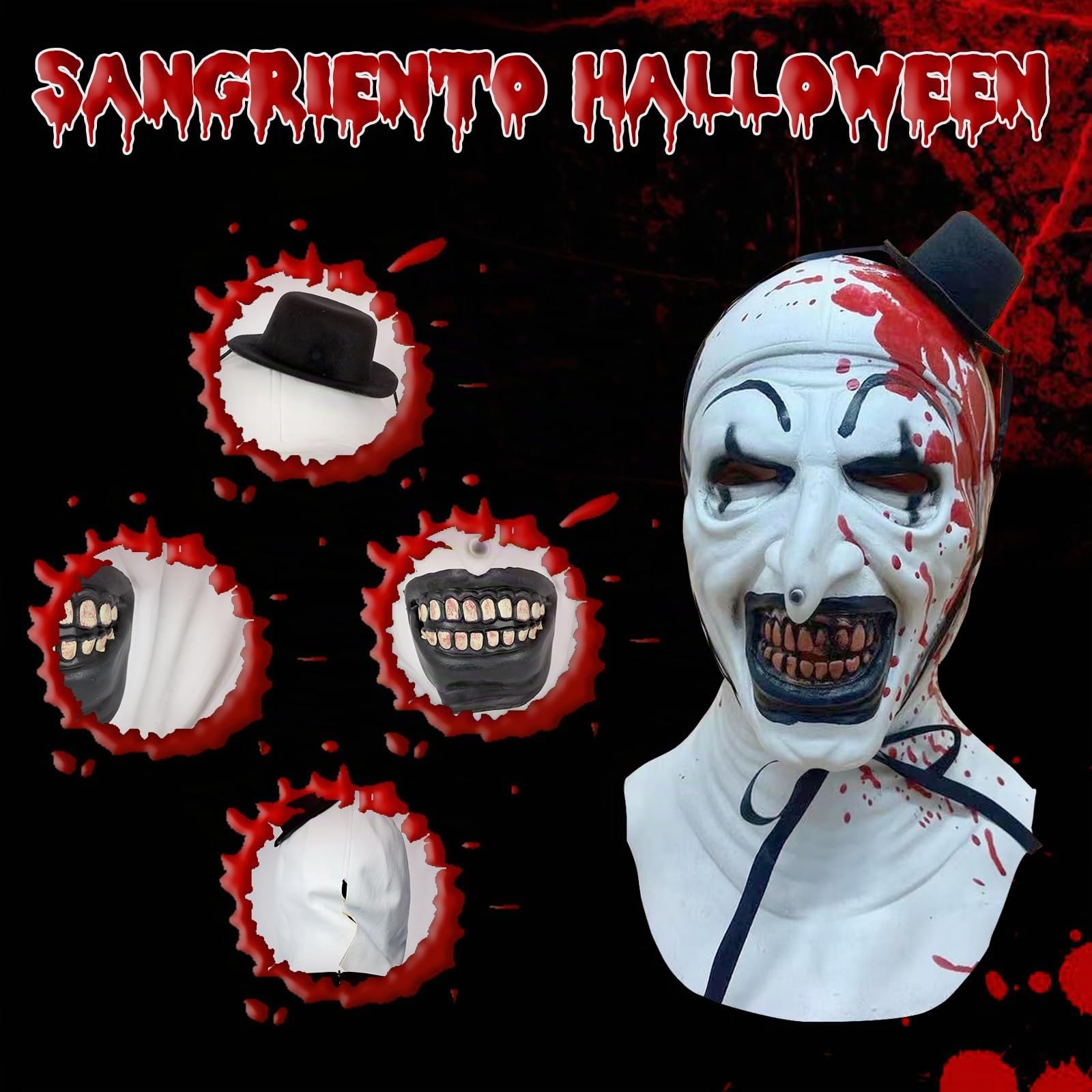 IEEILULU Disfraz Payaso Asesino Hombre, Disfraz Payaso Terror Hombre Conjunto de Disfraz Payaso Terrifier con Mono Negro Blanco y Máscara de Sombrero de Payaso Terrifier para Halloween Carnaval