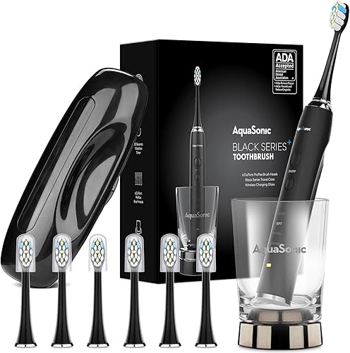 Aquasonic Black Series+ - Cepillo de dientes eléctrico recargable Ultra Whitening 40,000 VPM - Aceptado por ADA - Vidrio de carga inalámbrica - 6