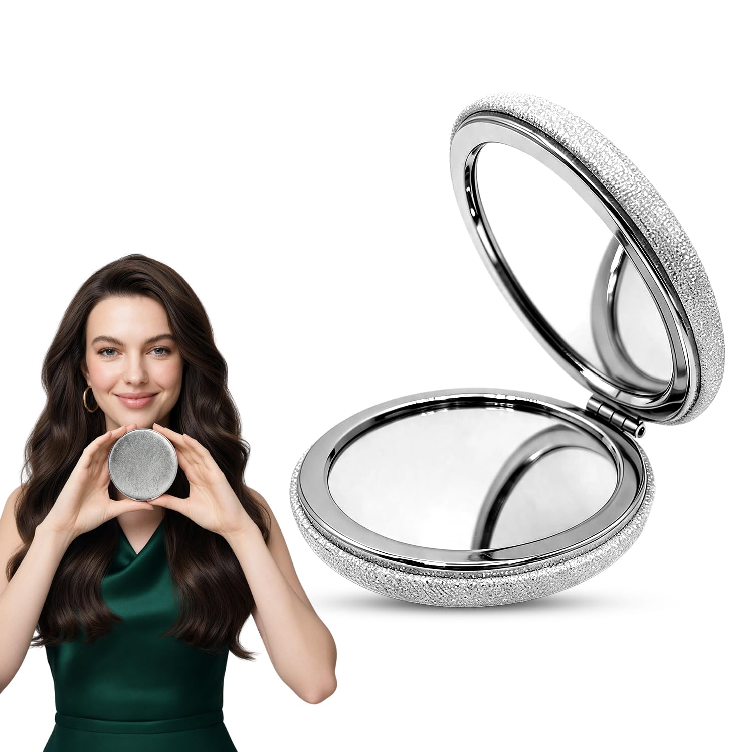 MAJESTIQUE Round Silver Shimmer Compact Mirror | Folding Mirror with 1X & 2X Magnifying Mirror-image-16