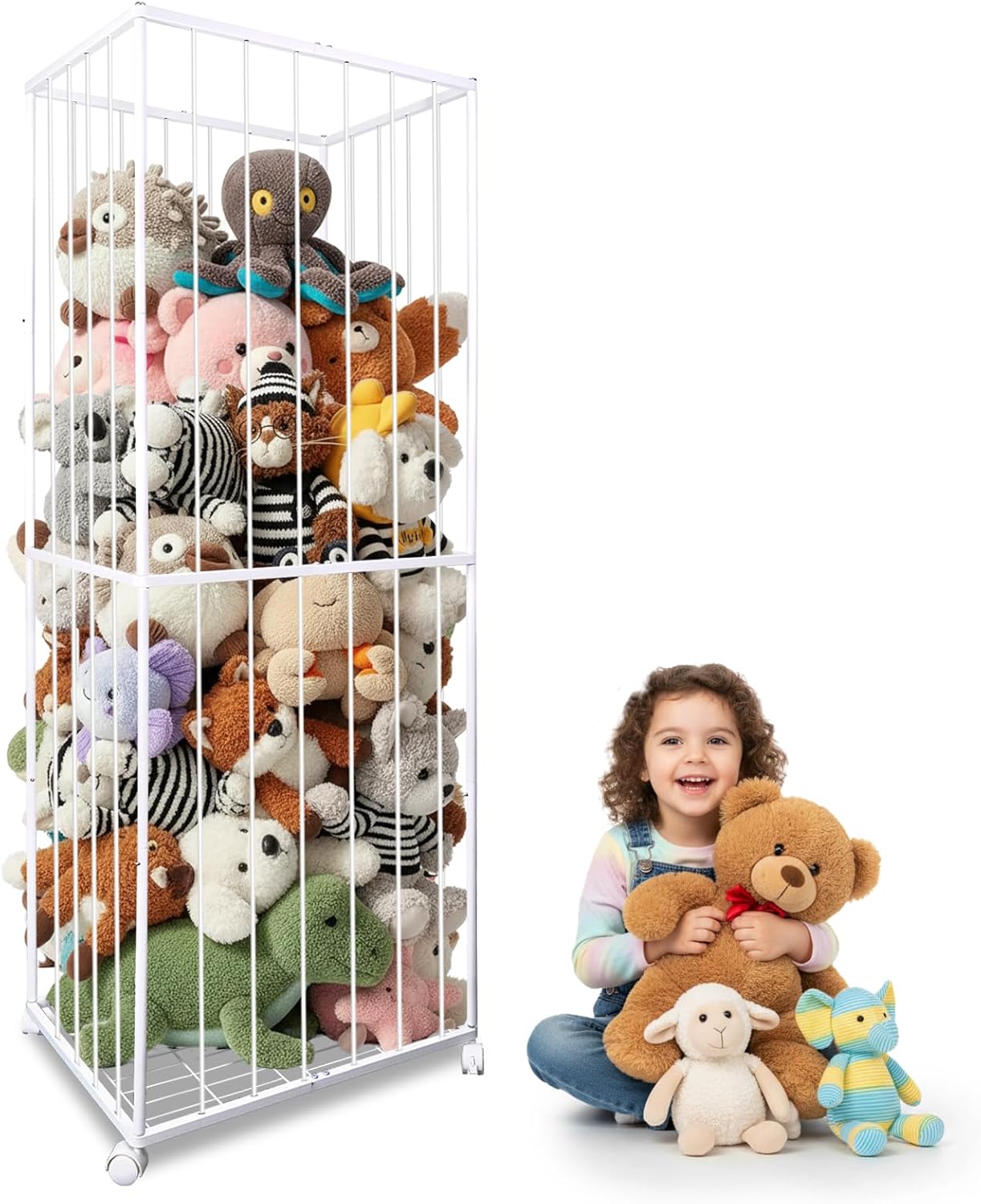 Stuffed Animal Storage, Metal Tube Extra Large Toy Storage Organizer with Brake Wheels, Stuffed Animal Holder Zoo Organizer for Nursery Playroom Kids Room White(61” x 23.6”x 16.5”)