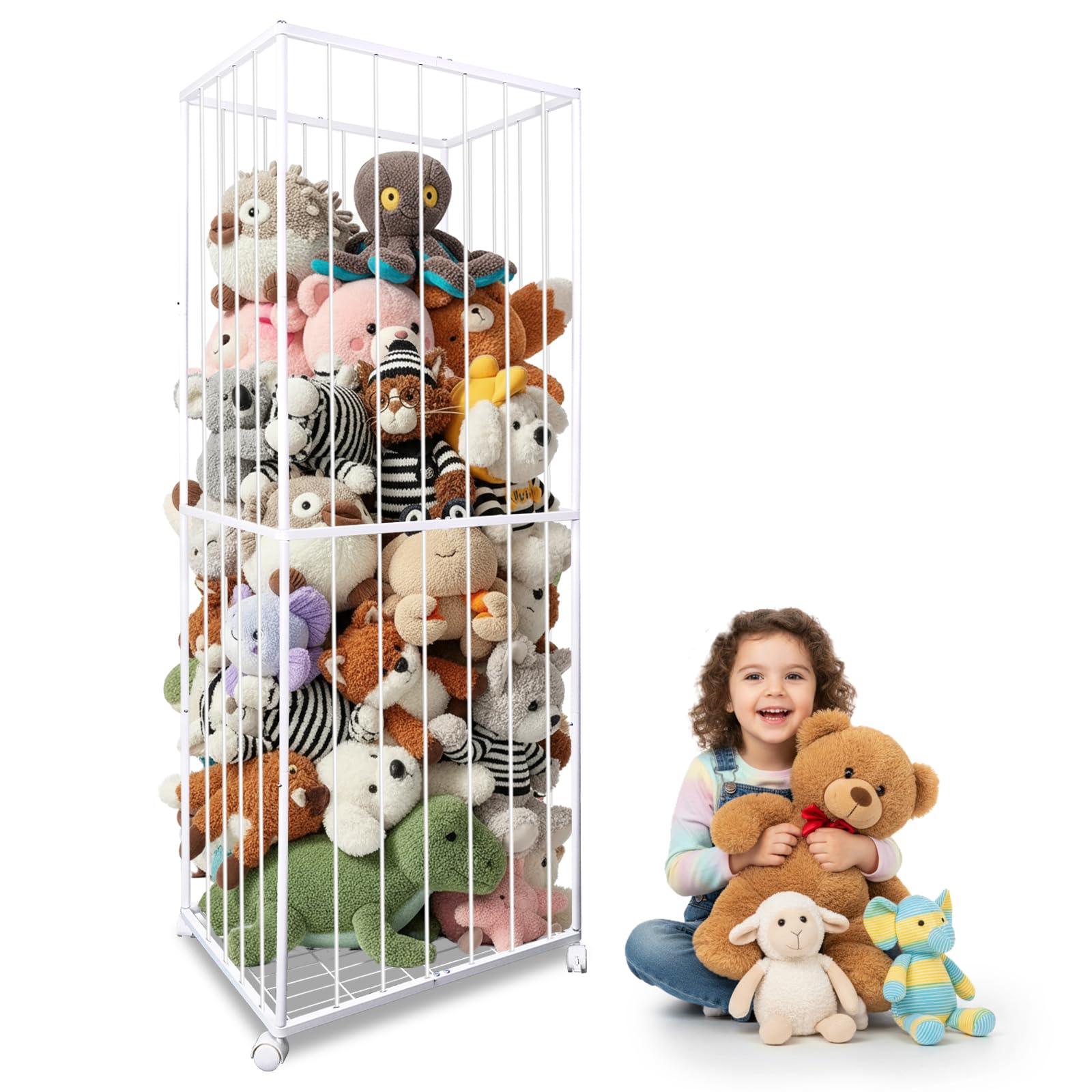 Stuffed Animal Storage Metal Tube Extra Large Toy Storage Organizer with Brake Wheels Stuffed Animal Holder Zoo Organizer