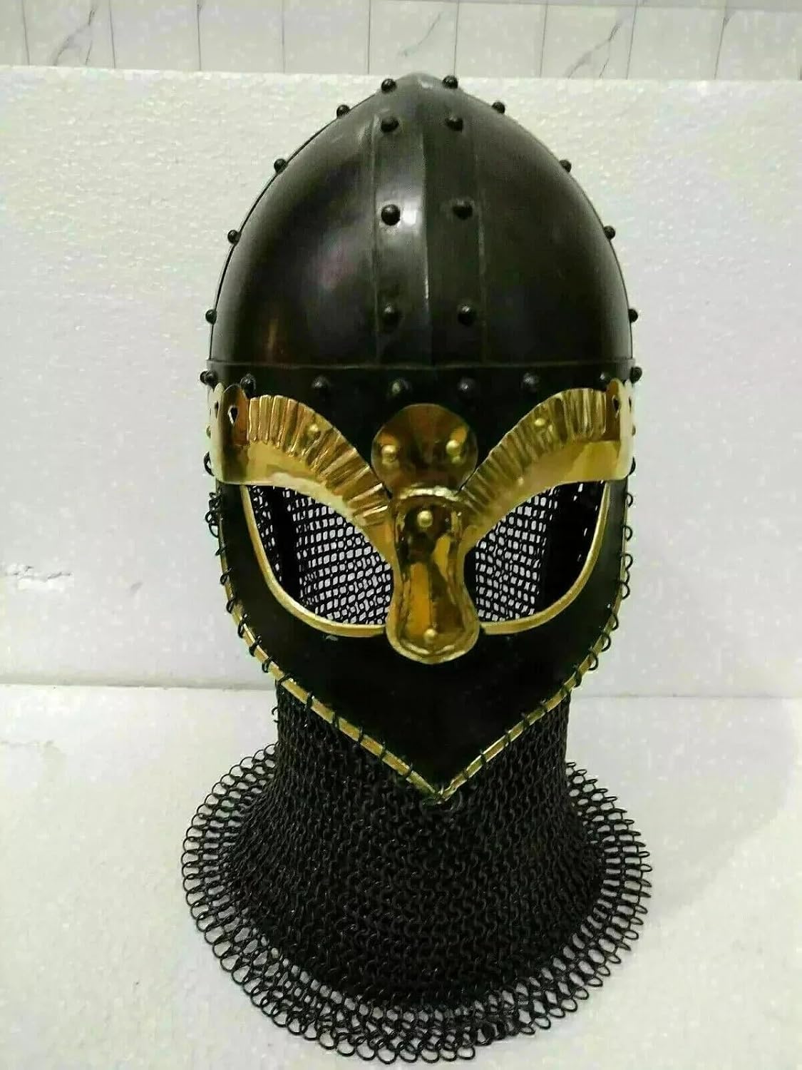 Medieval Viking Crusader Knight Helmet with Chain Mail | Brass Accents, Chain Mail Aventail, Riveted Steel, Halloween Costume, Warrior Armor