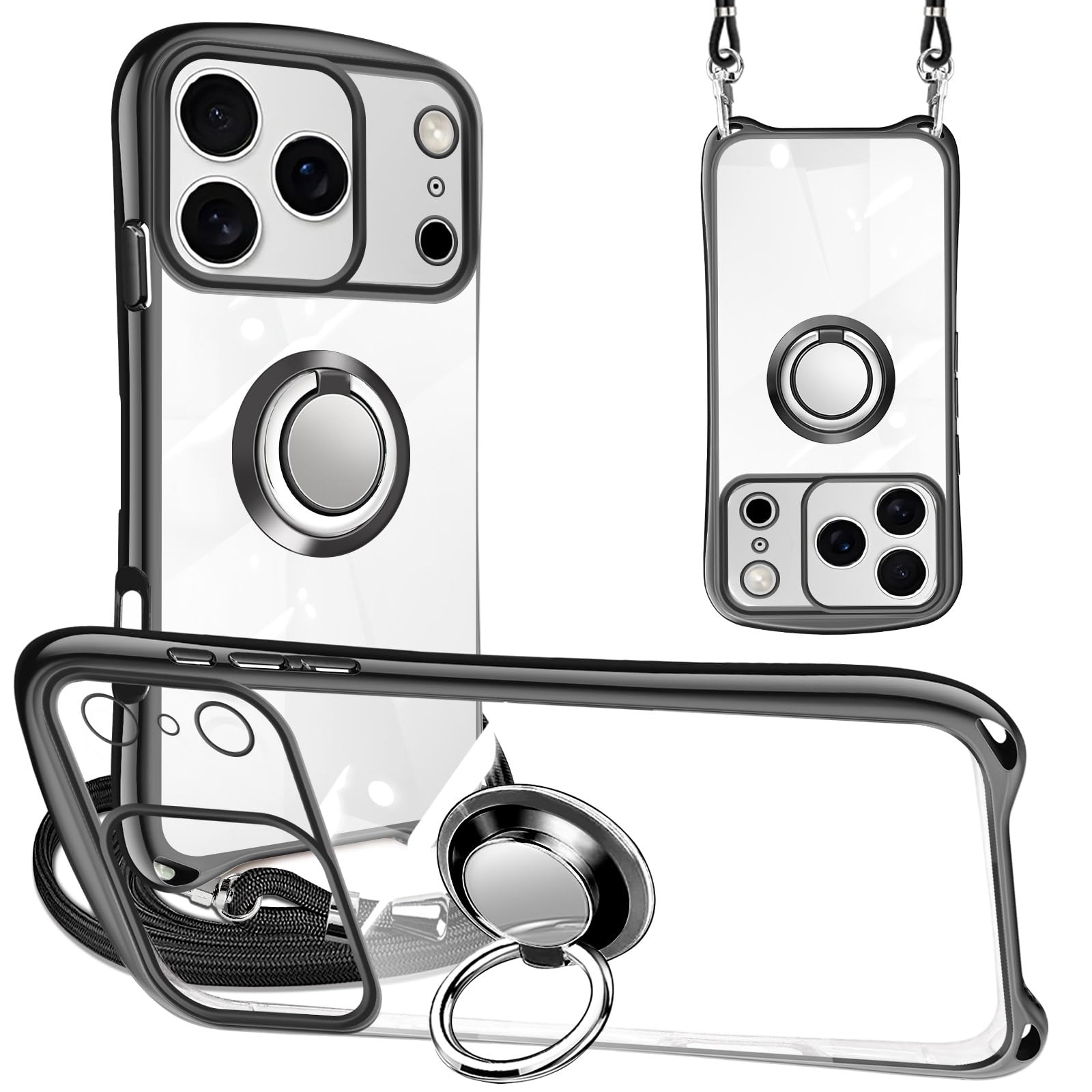 Yidahe iPhone 17 Pro 用 ケース ショルダー iPhone17Pro 用 カバー ストラップ リング 韓国(ブラック)