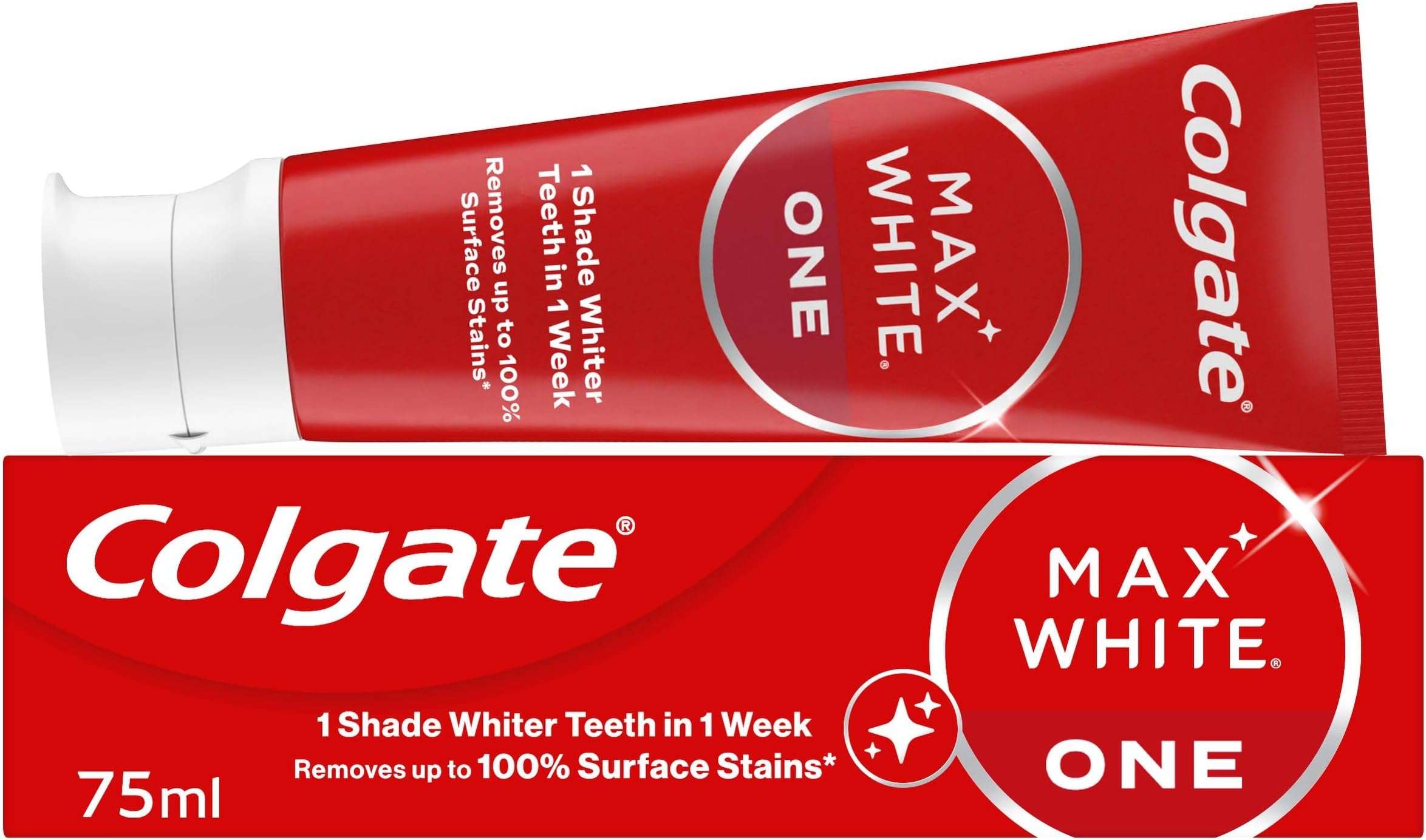 Colgate Max White One Toothpaste 75ml - teeth whitening toothpaste - clinically proven formula - removes up to 100% of surface stains - contains whitening accelerators - 1 shade whiter in 1 week