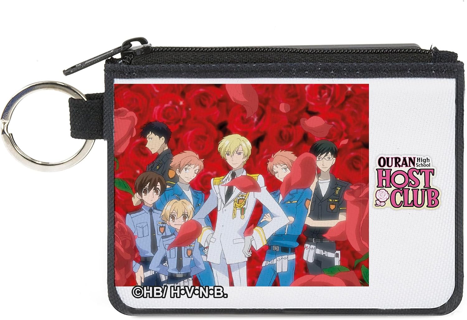 Buckle-Down Ouran High School Host Club Wallet, Zip Pouch, Ouran Host Club Seven Member Rose Petals Group Pose and Logo, Canvas