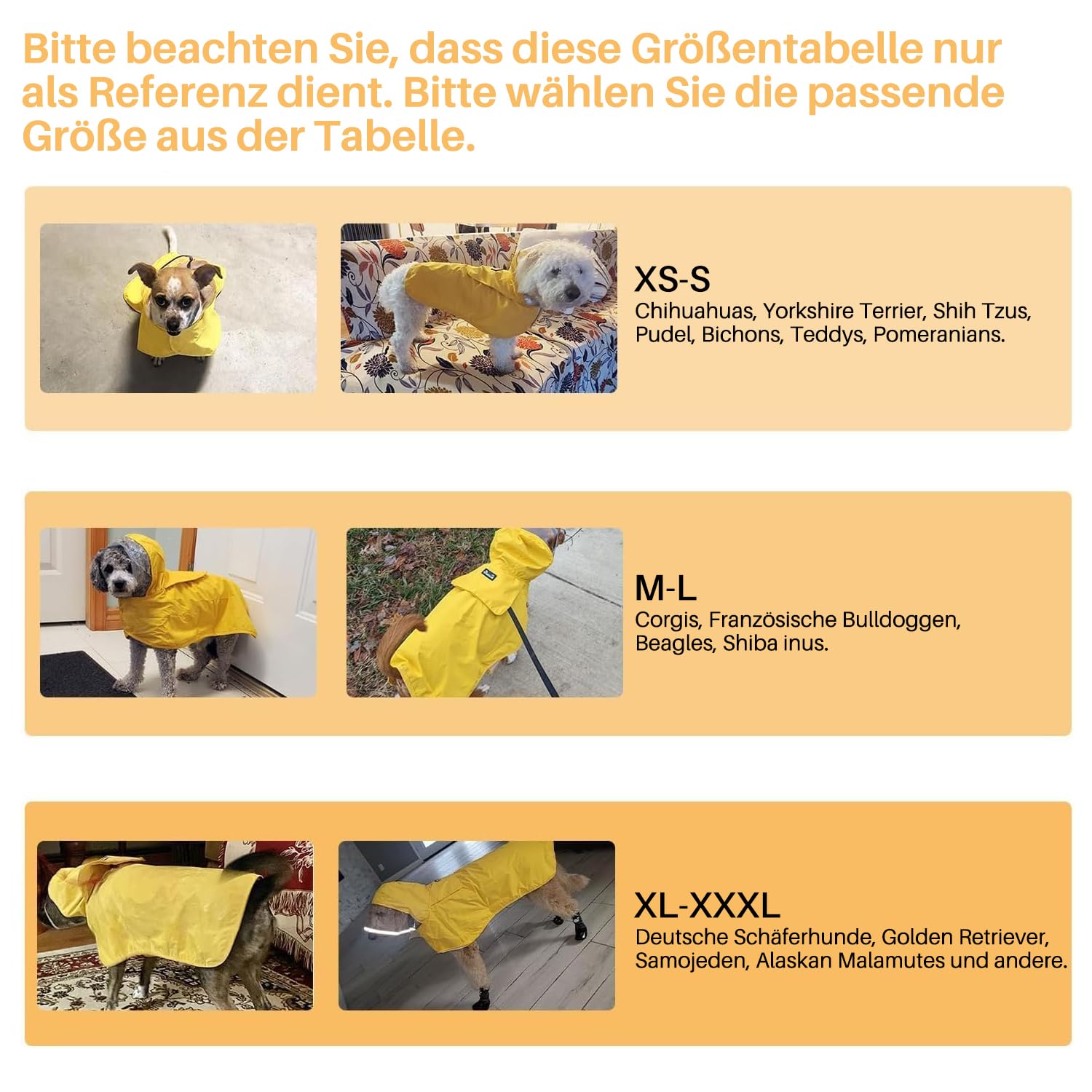 Eyein Wasserdichter Hunderegenmantel, Regenmantel für Große Hunde mit Kapuze und weichem Futter, Verstellbare Hunderegenjacke mit reflektierenden Streifen, Winddicht und leicht, Gelb, XXXL