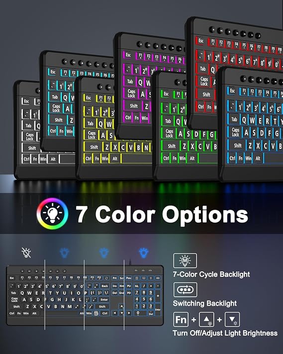 EDJO Large Print Backlit Wired Keyboard,7-Colors Backlight