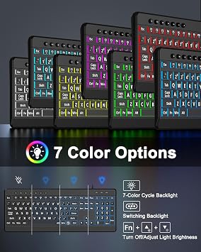 EDJO Large Print Backlit Wired Keyboard,7-Colors Backlight